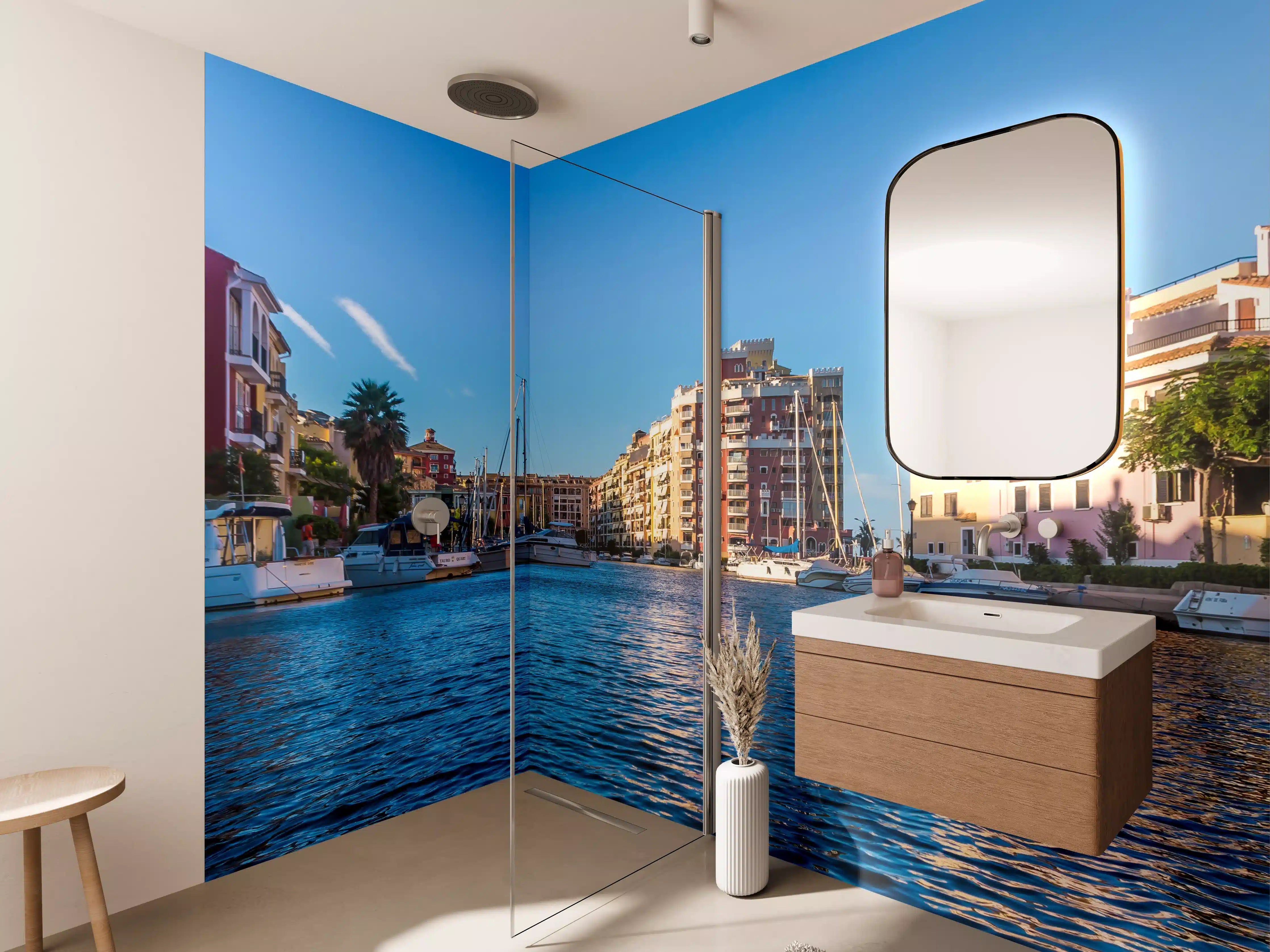 Wandverkleidung Bad - Graue Abendstimmung am Hafen