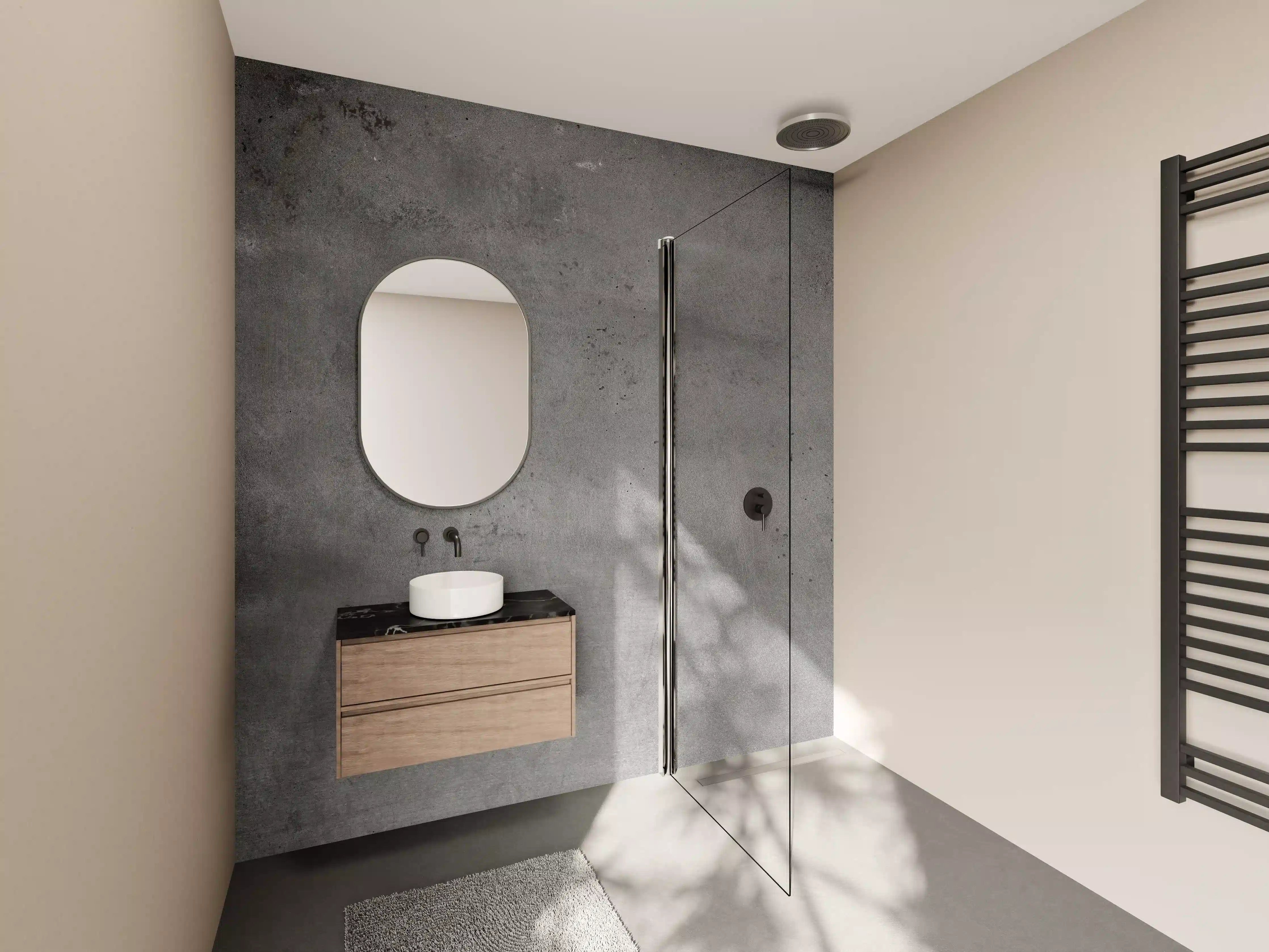 Wandverkleidung Bad - Graue Betonfarbe auf Weiß