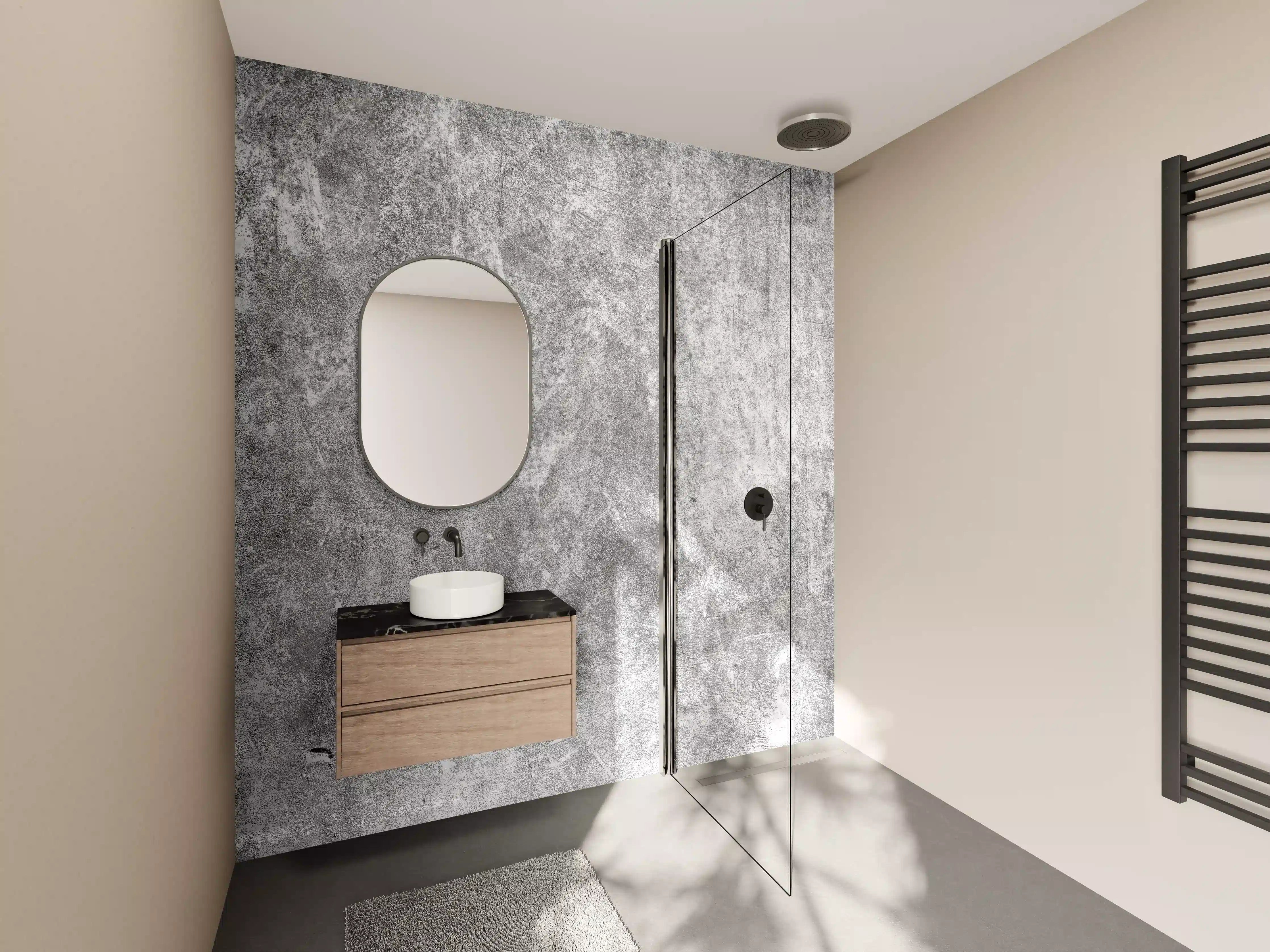Wandverkleidung Bad - Graue Betontextur mit rostigem Look
