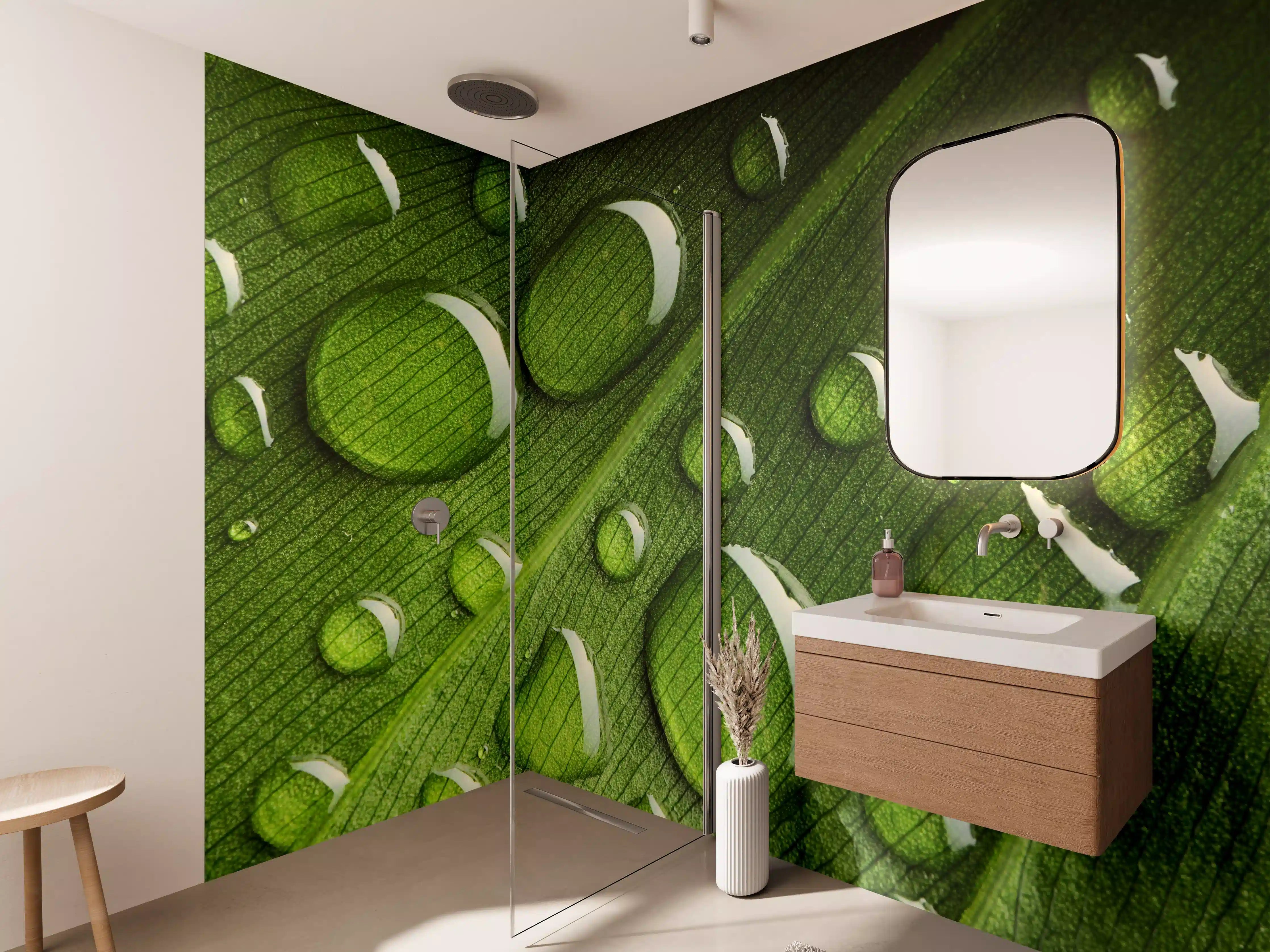 Wandverkleidung Bad - Graue Blätter im Morgentau