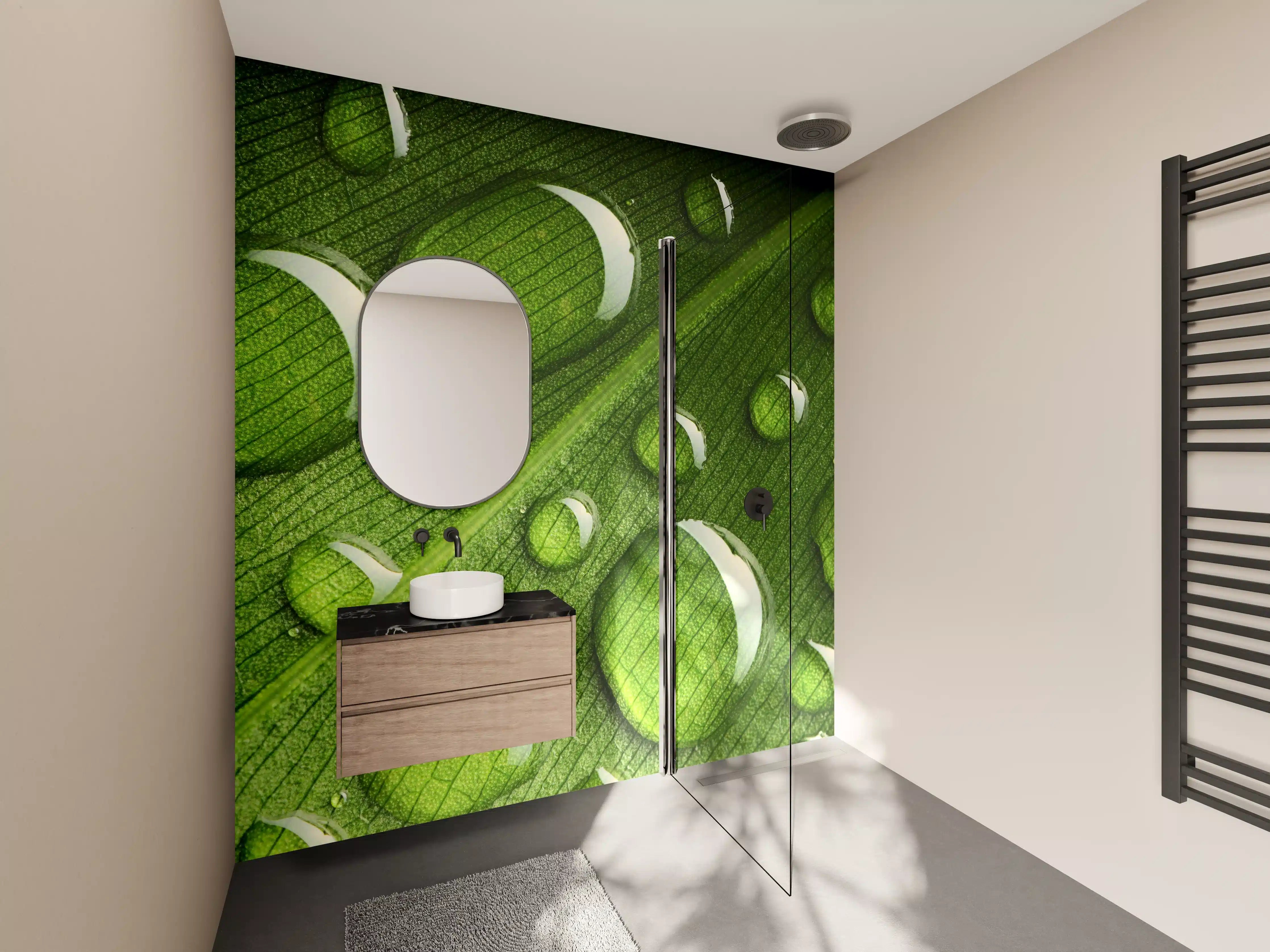 Wandverkleidung Bad - Graue Blätter im Morgentau