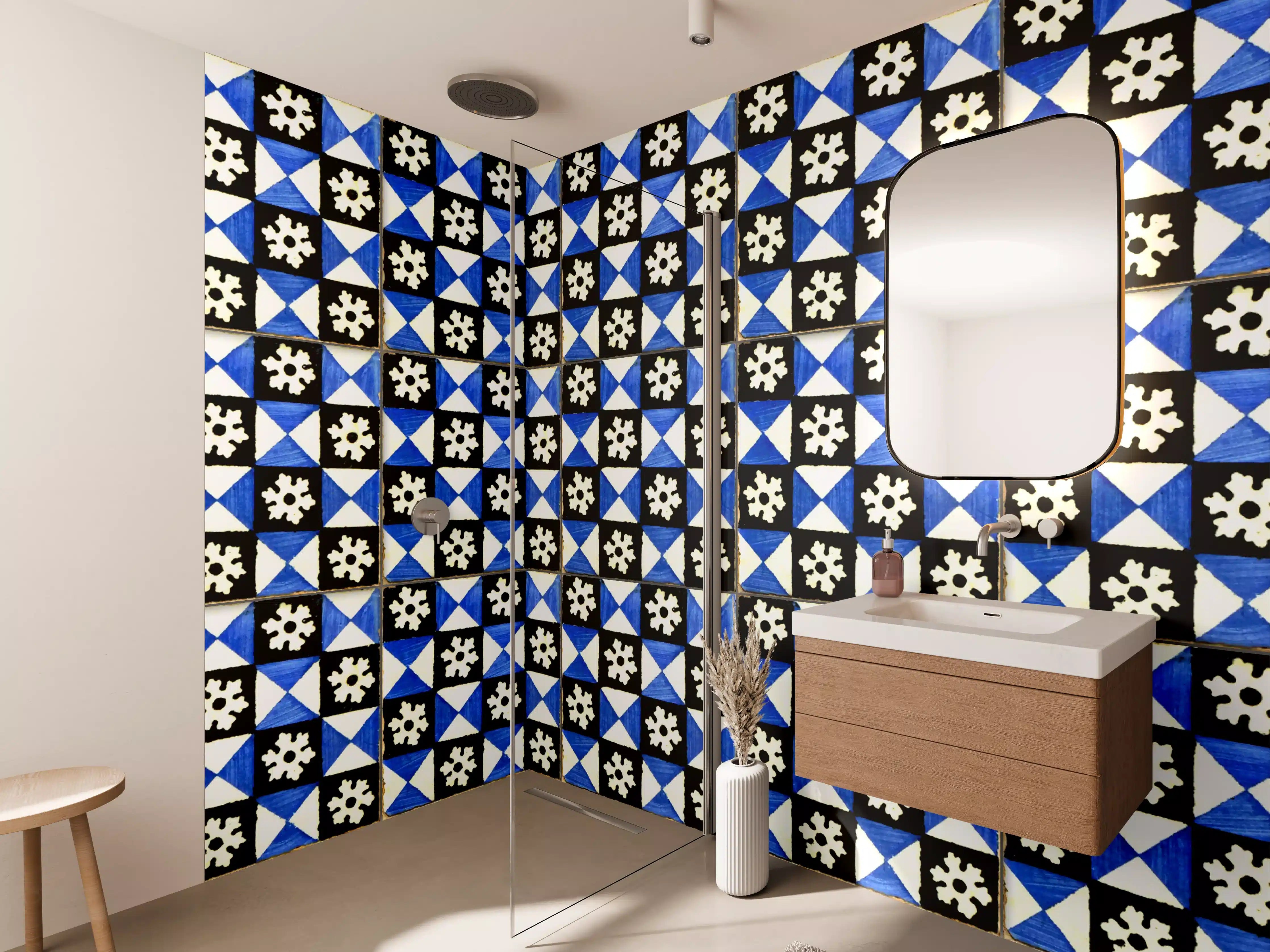 Wandverkleidung Bad - Graue Blau-Weiße Fliesenpracht