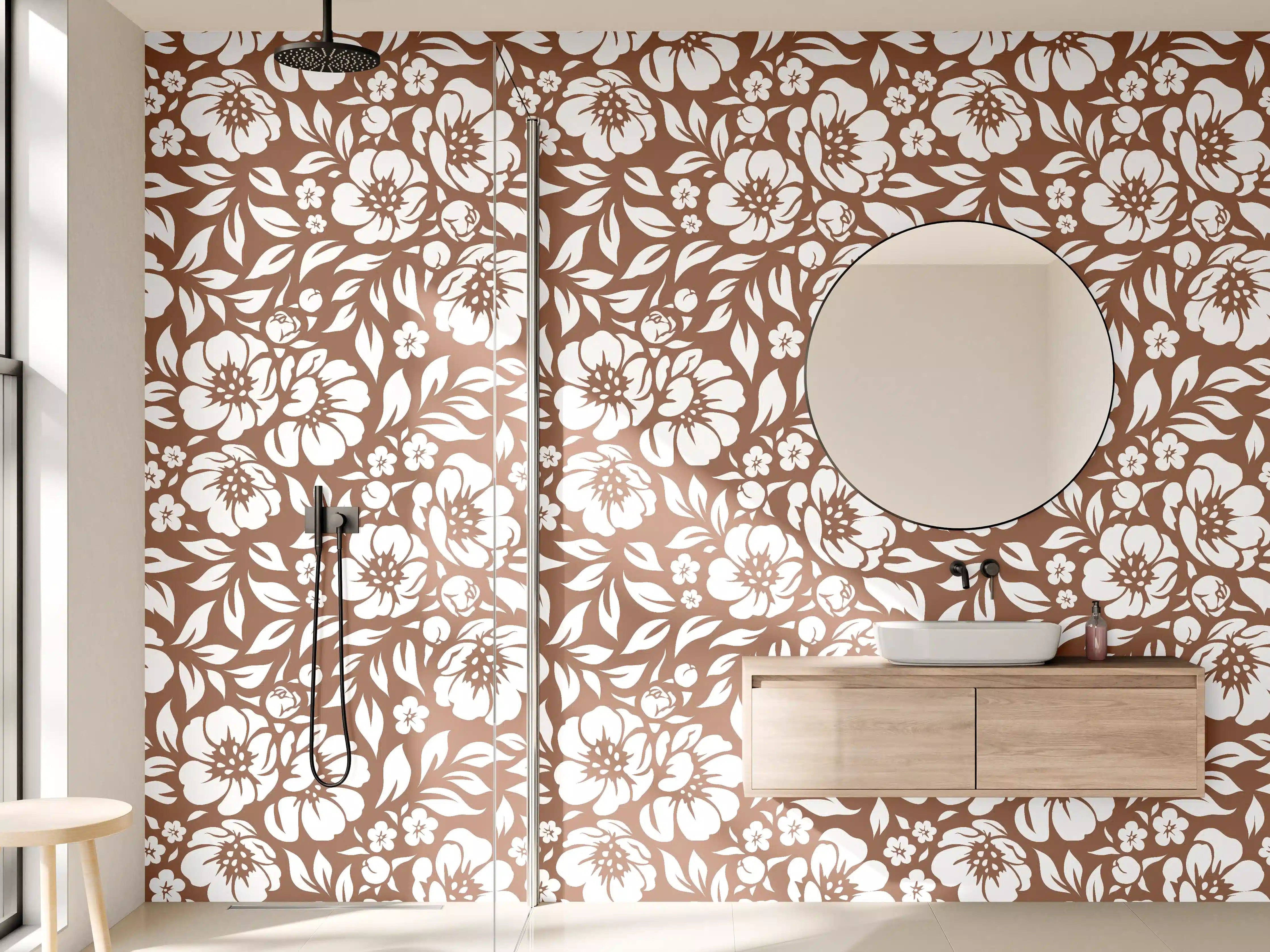 Wandverkleidung Bad - Graue Blüten im Weiß- und Brauntöne