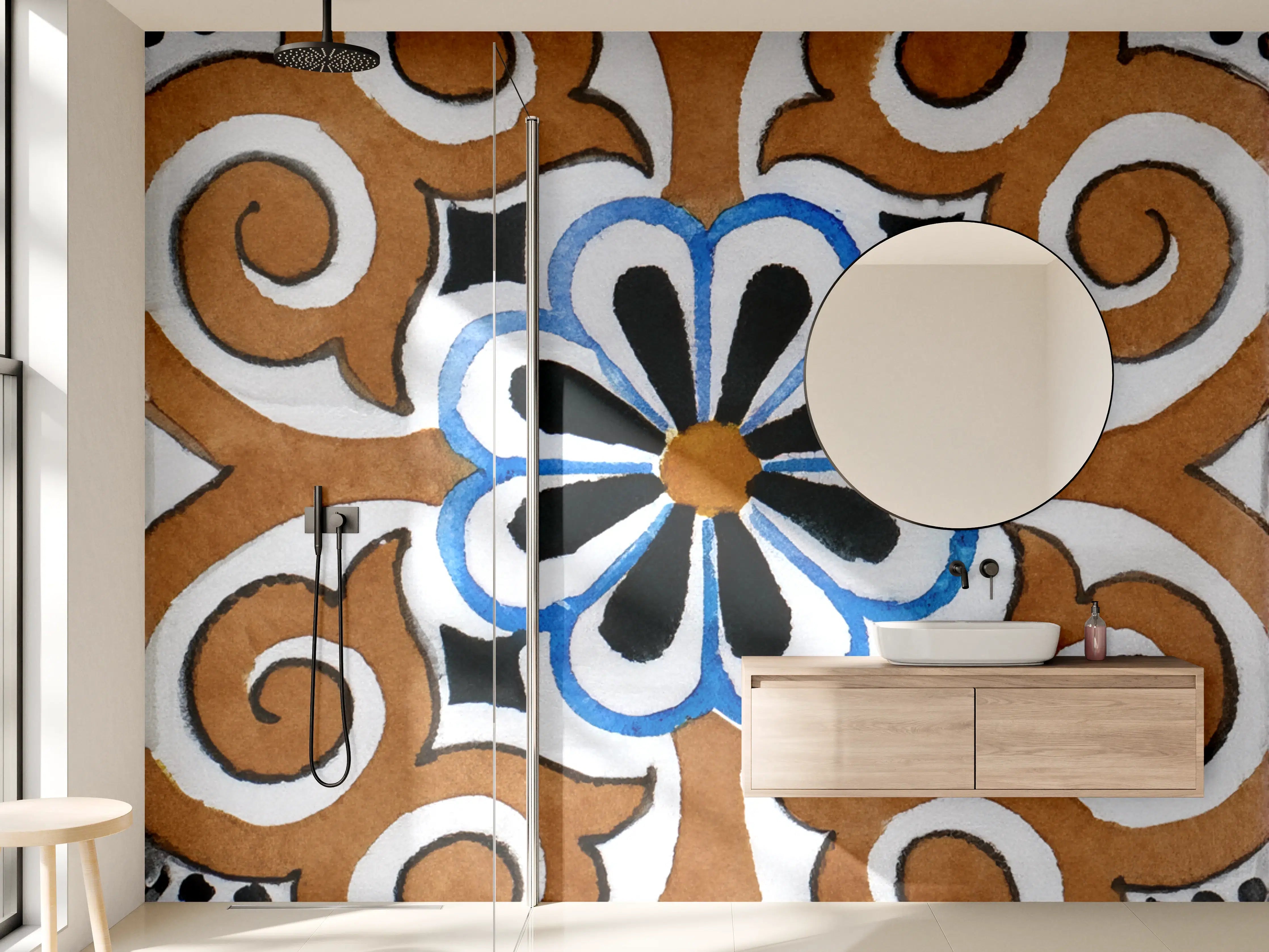 Wandverkleidung Bad - Graue Blütenfliesen im Weißdesign