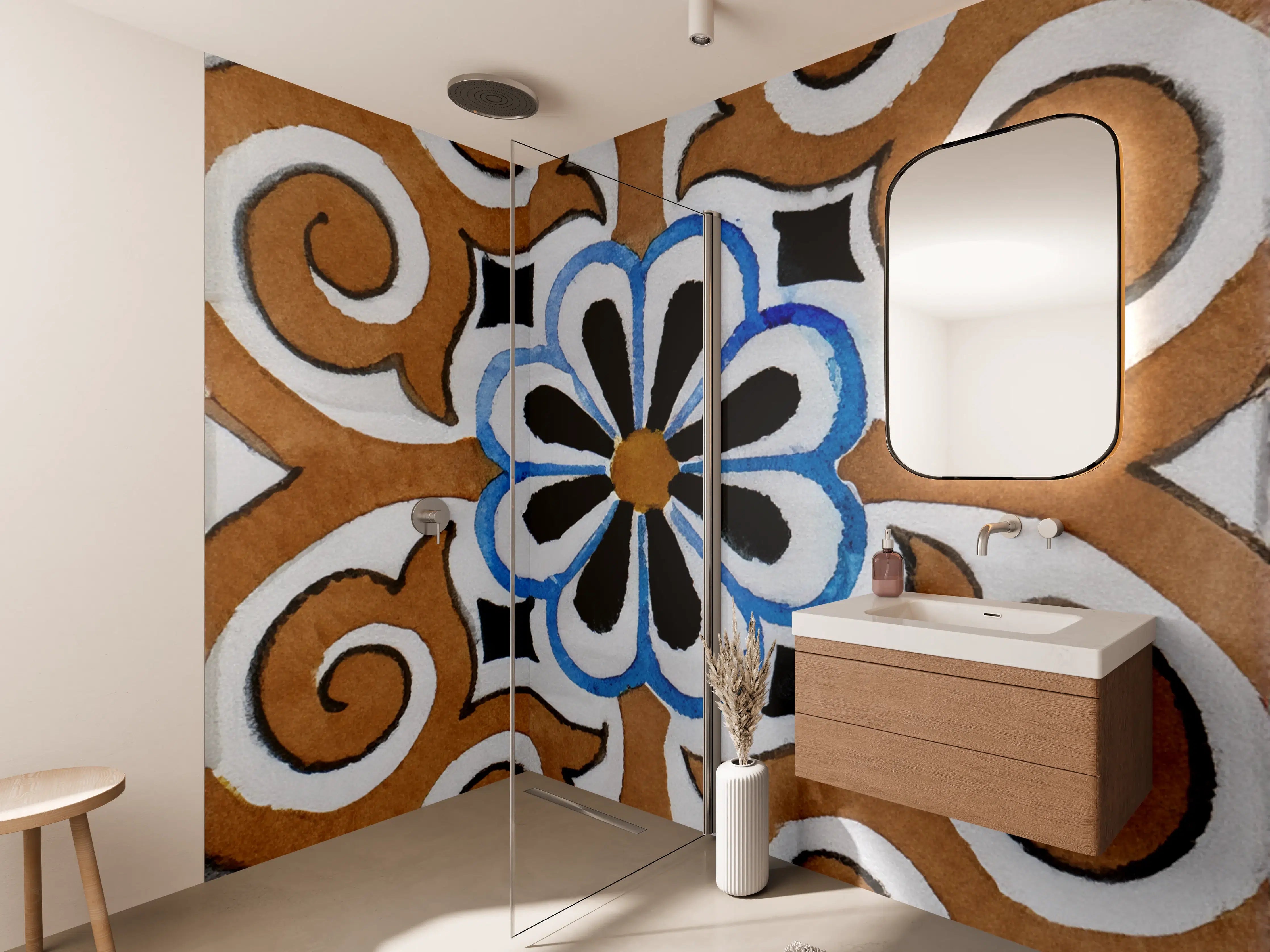 Wandverkleidung Bad - Graue Blütenfliesen im Weißdesign