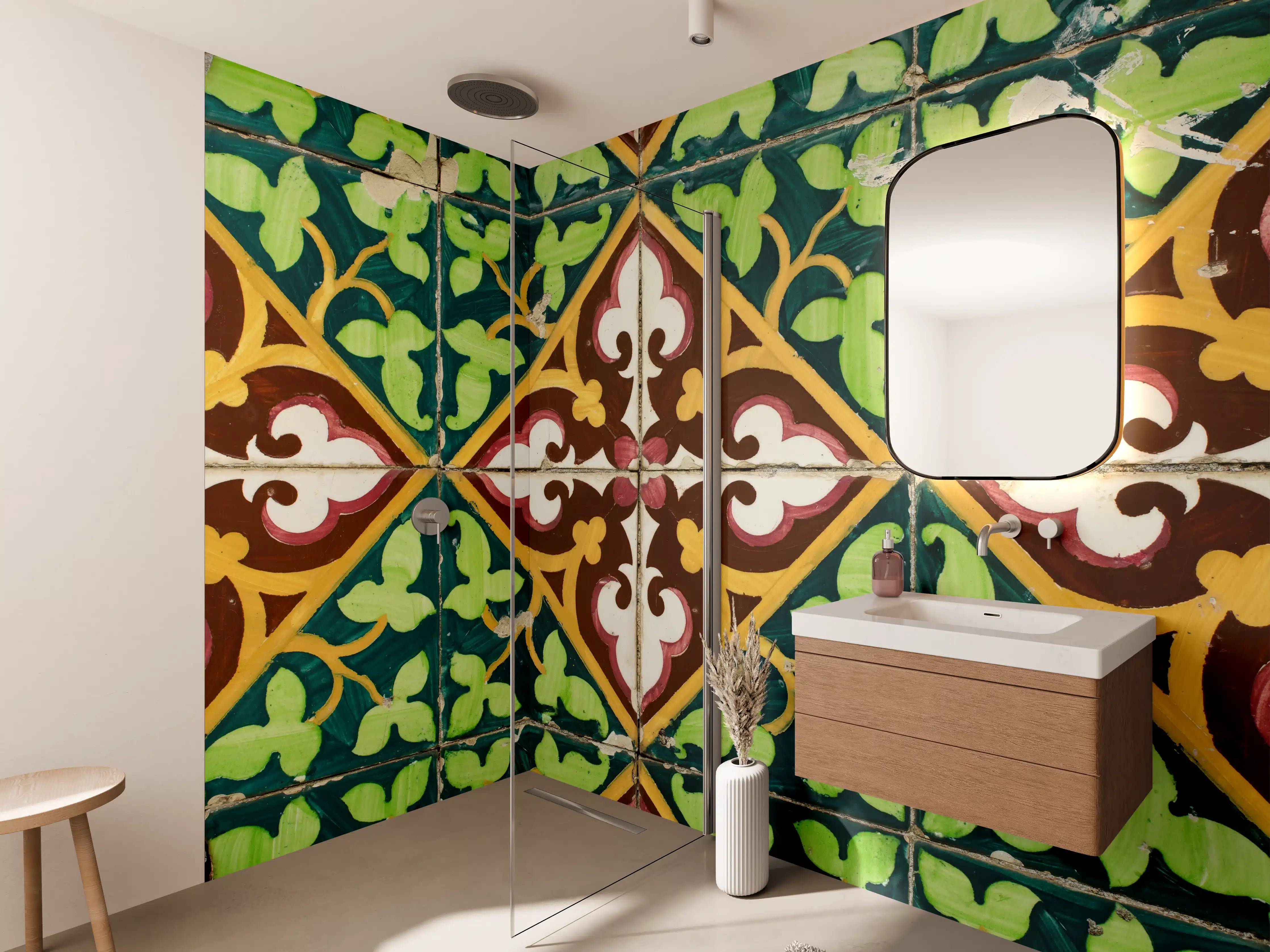 Wandverkleidung Bad - Graue Blütenfliesen mit weißem Muster