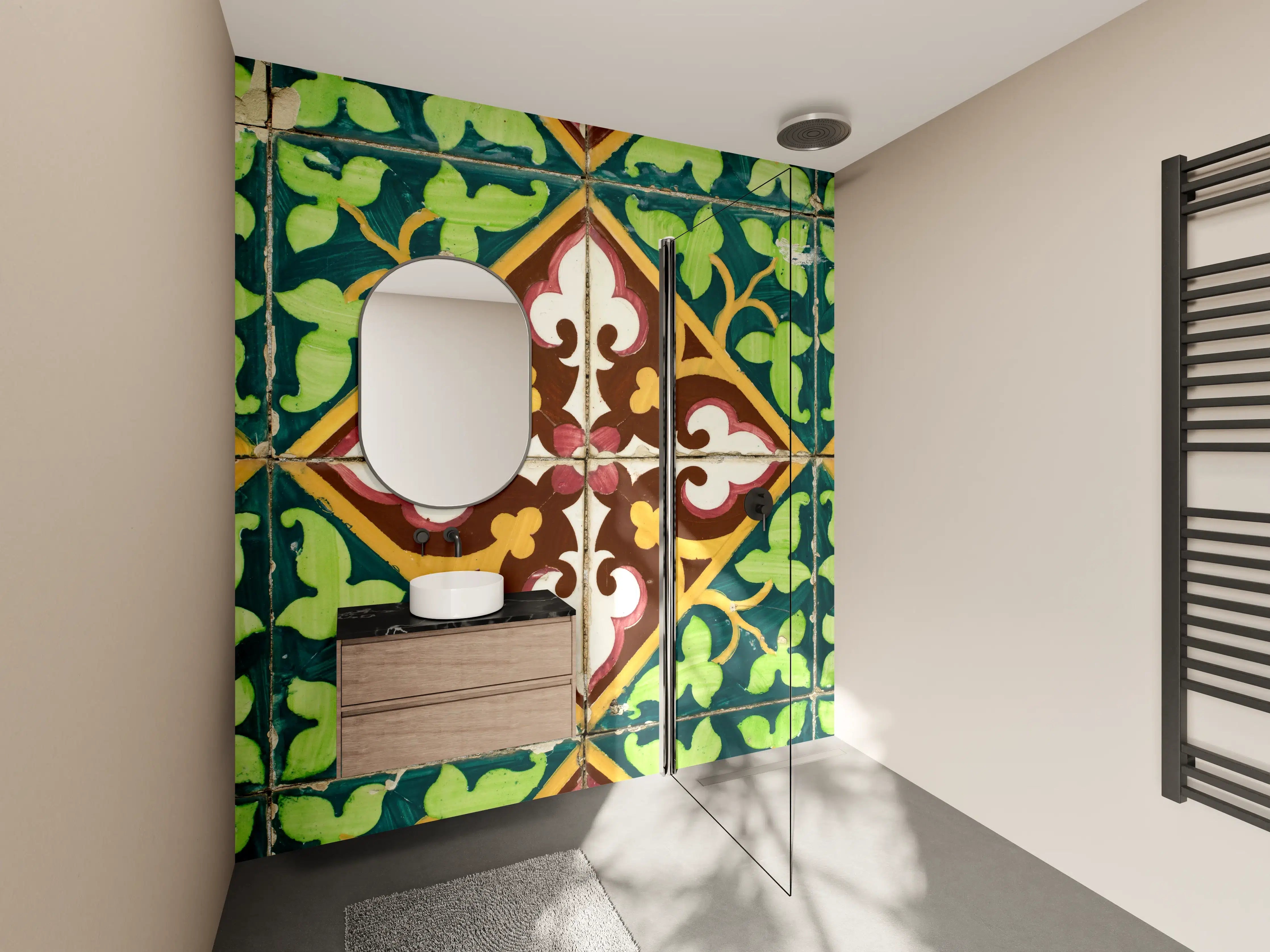 Wandverkleidung Bad - Graue Blütenfliesen mit weißem Muster