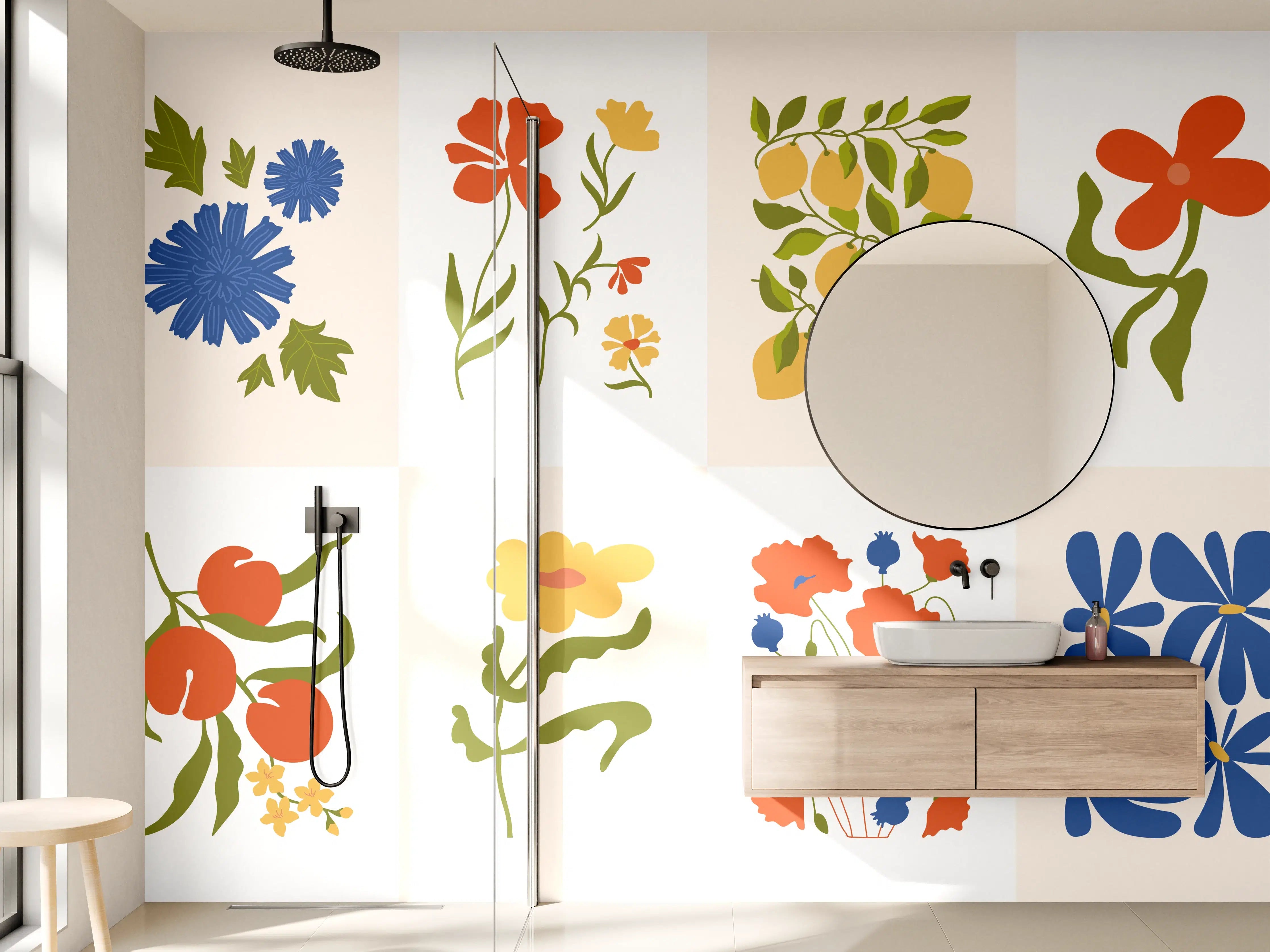 Wandverkleidung Bad - Graue Blütenpracht in Farbvielfalt