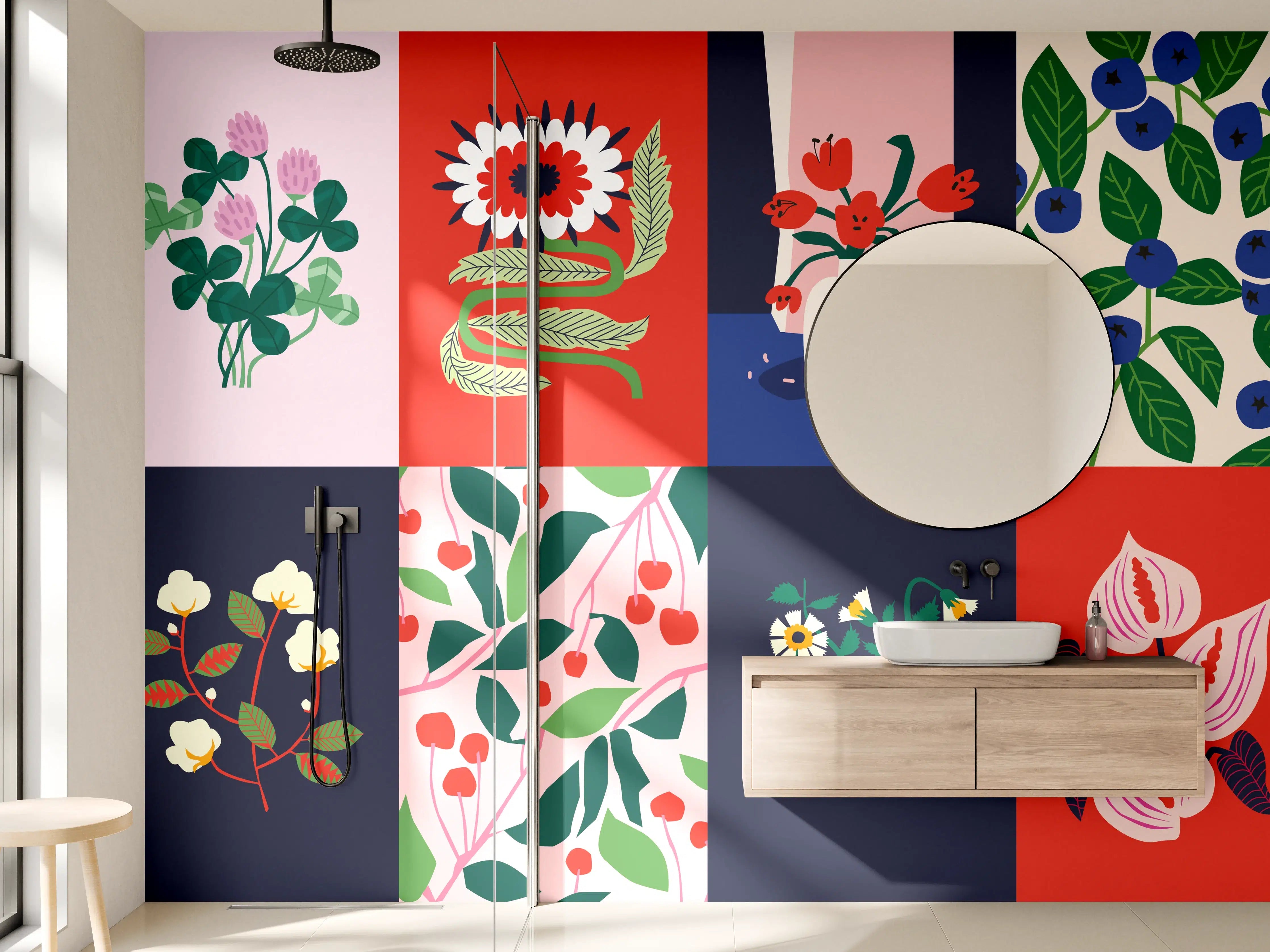 Wandverkleidung Bad - Graue Blütenpracht in bunten Farben