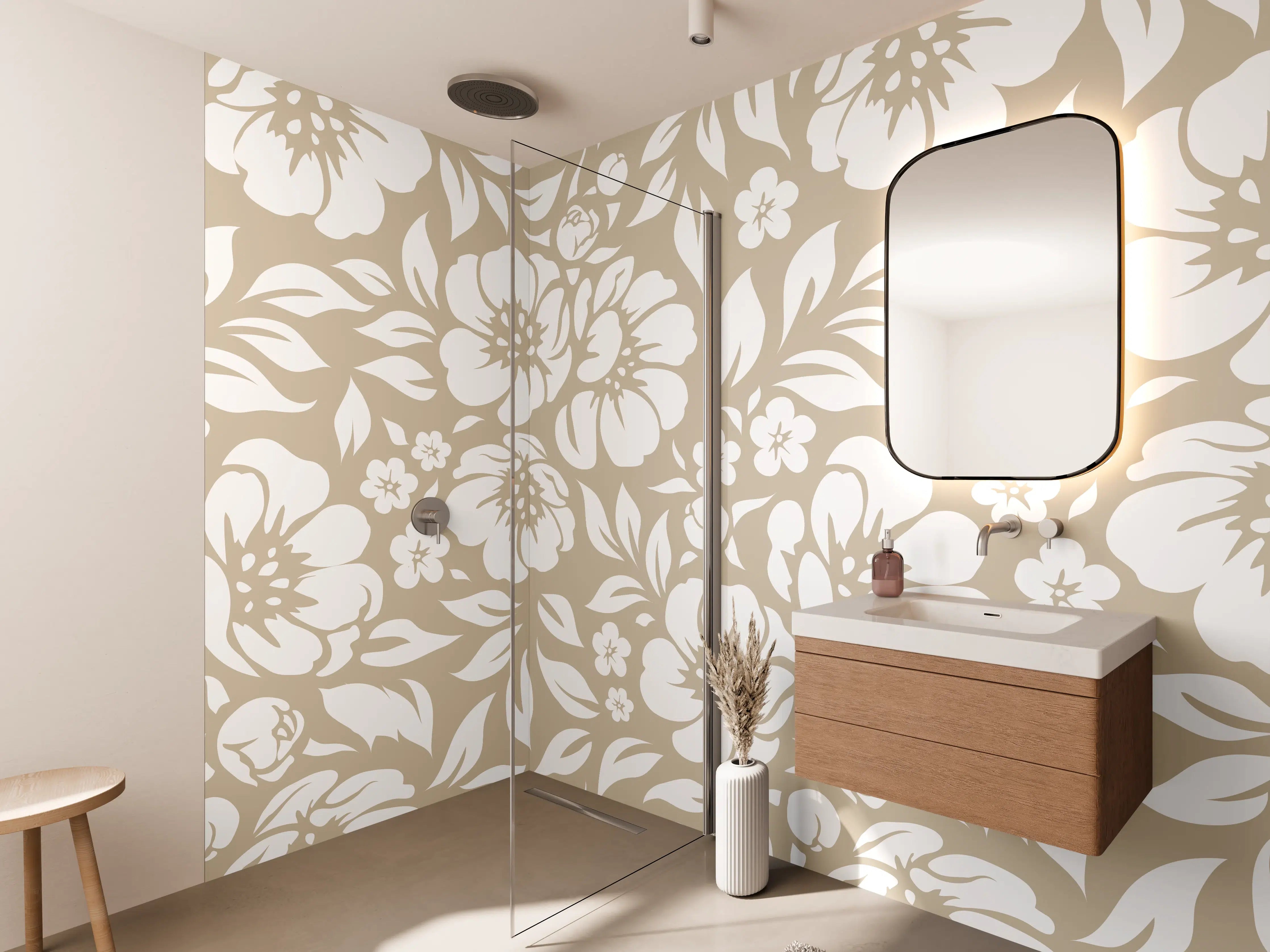 Wandverkleidung Bad - Graue Blumen auf zartem Beige