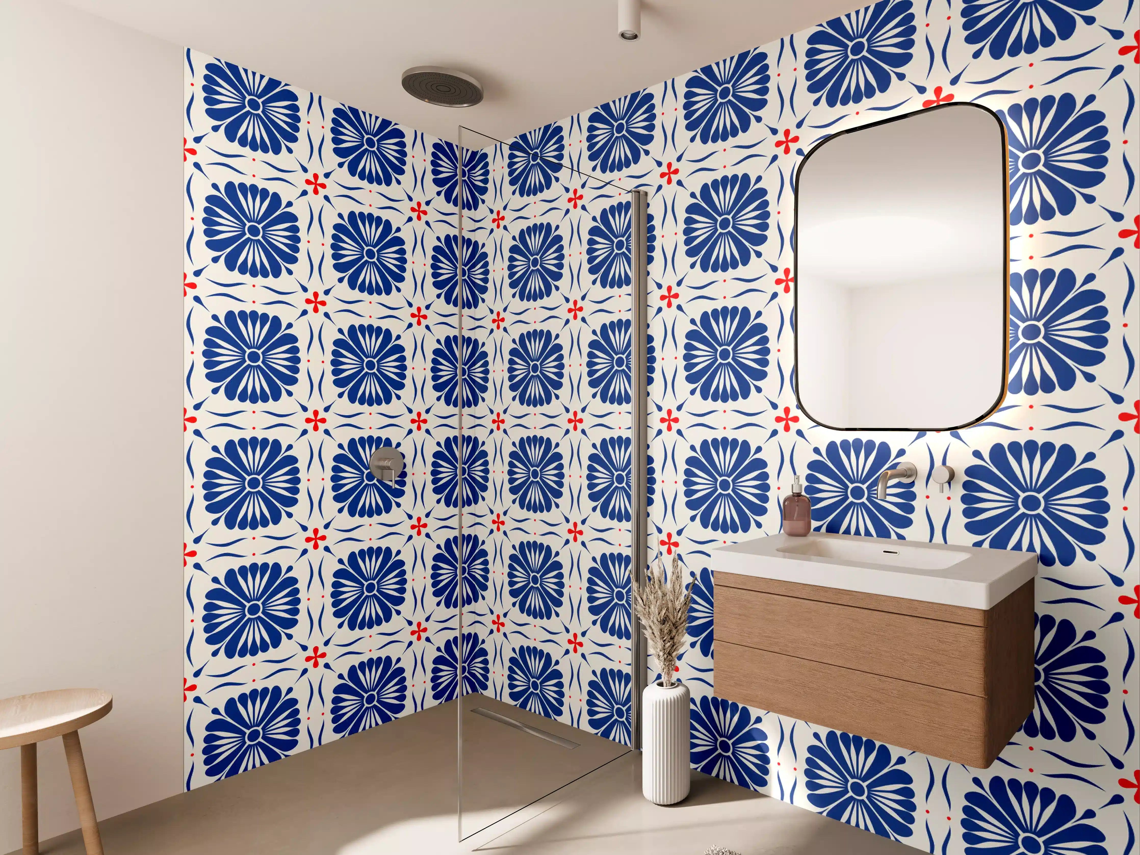 Wandverkleidung Bad - Graue Blumenfliesen in Blau-Weiß