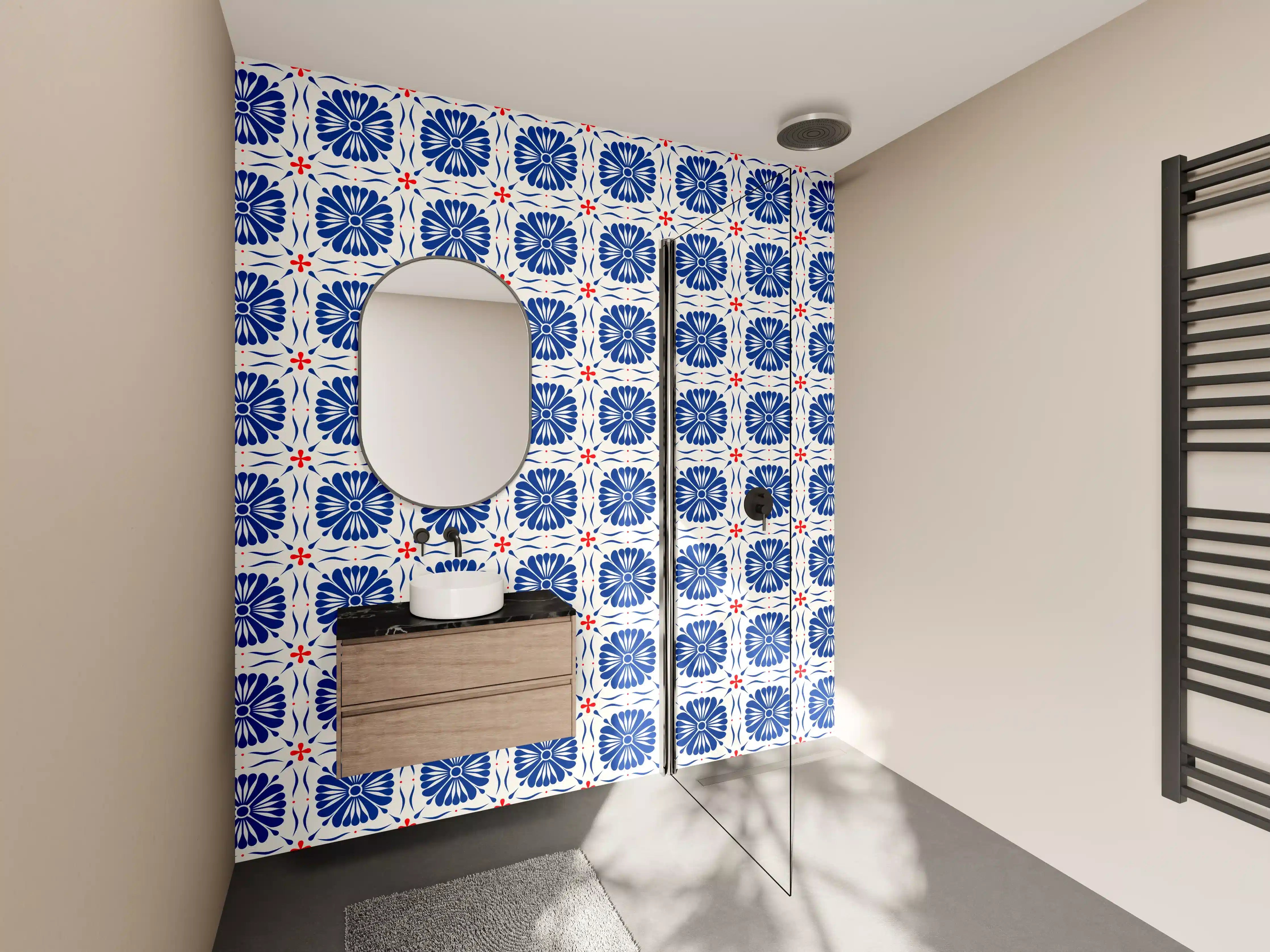 Wandverkleidung Bad - Graue Blumenfliesen in Blau-Weiß