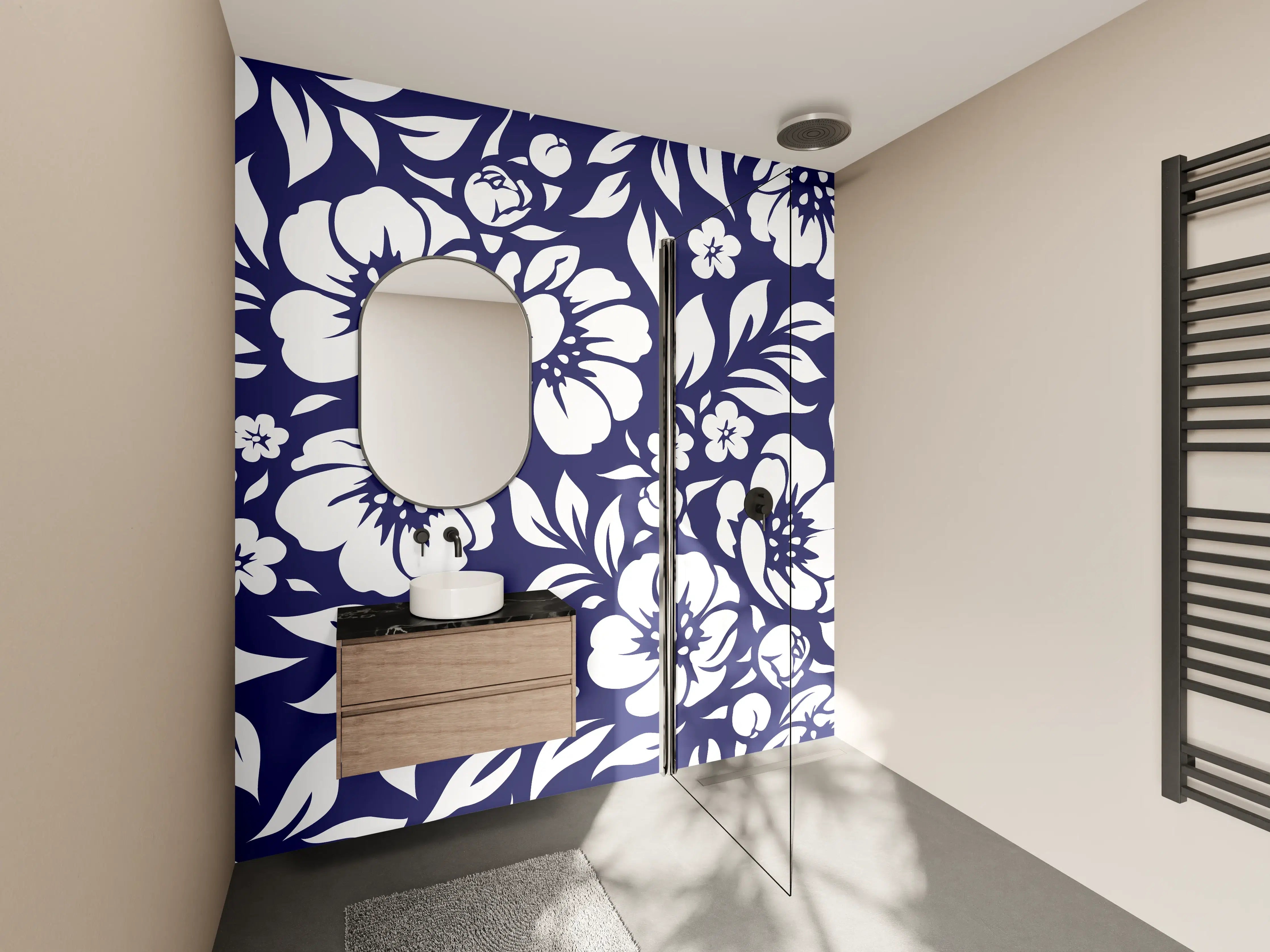 Wandverkleidung Bad - Graue Blumenmuster in Dunkelblau