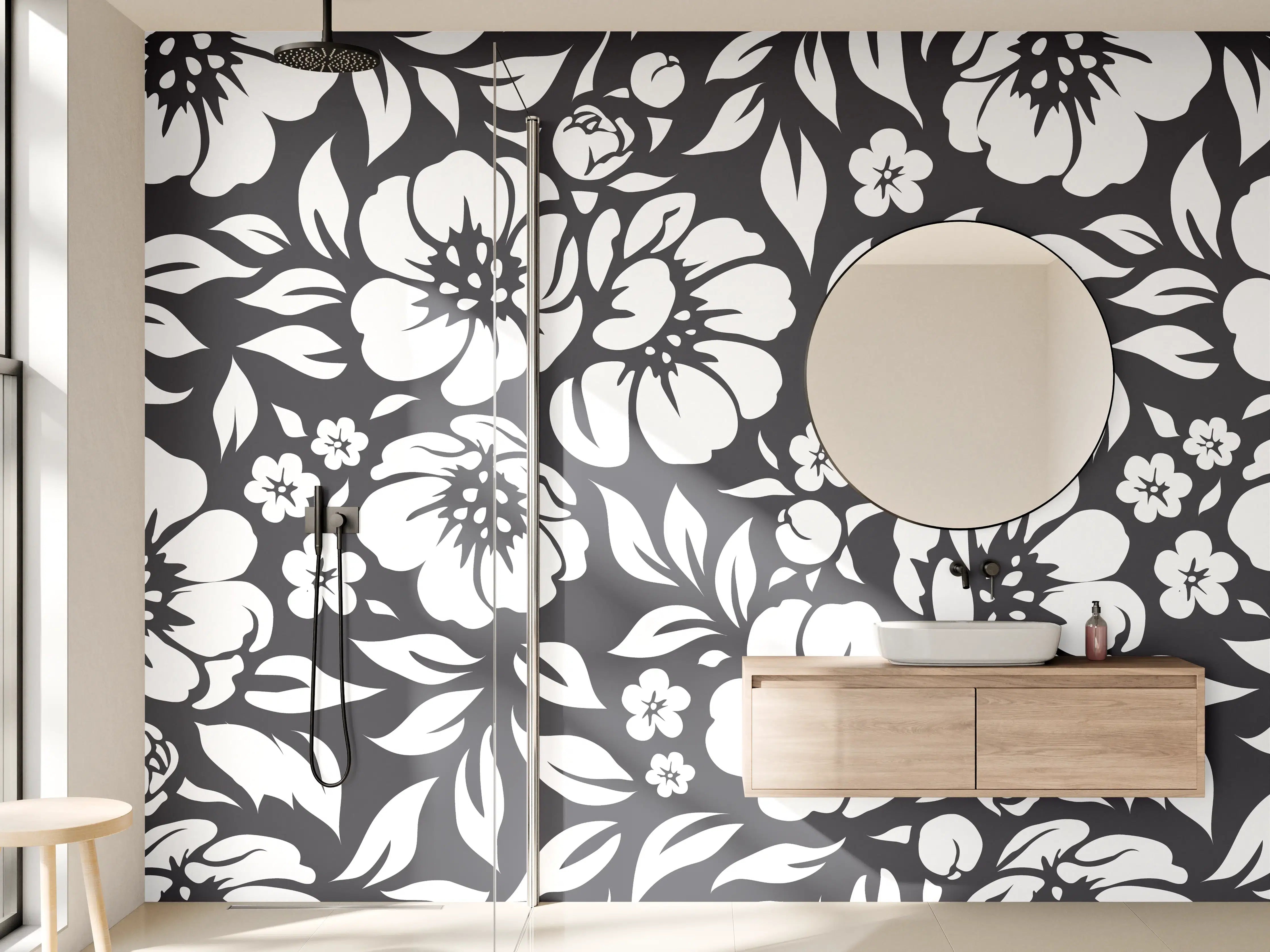 Wandverkleidung Bad - Graue Blumenmuster in Schwarz und Weiß