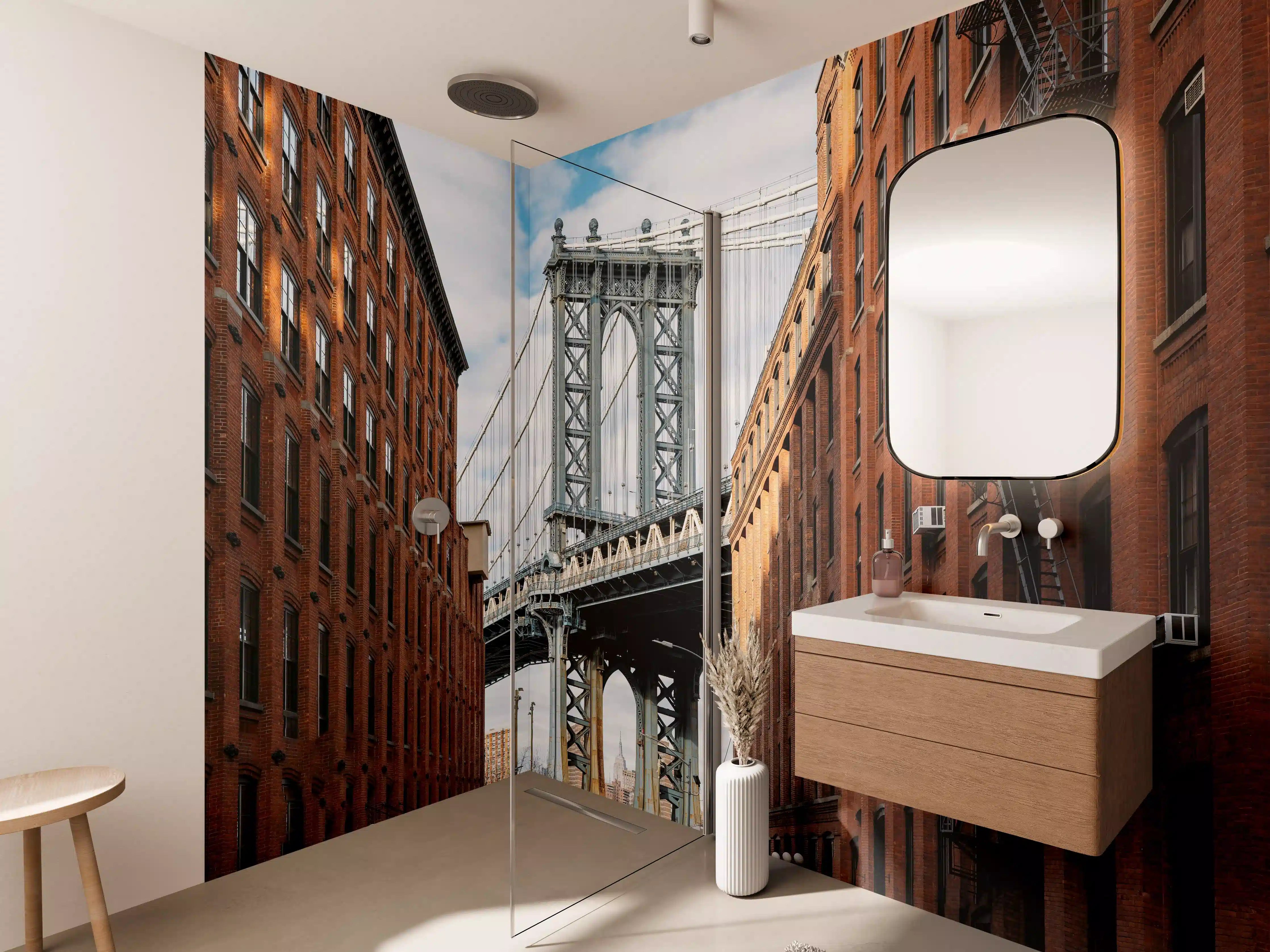 Wandverkleidung Bad - Graue Brücke zwischen weißen Backsteinfassaden