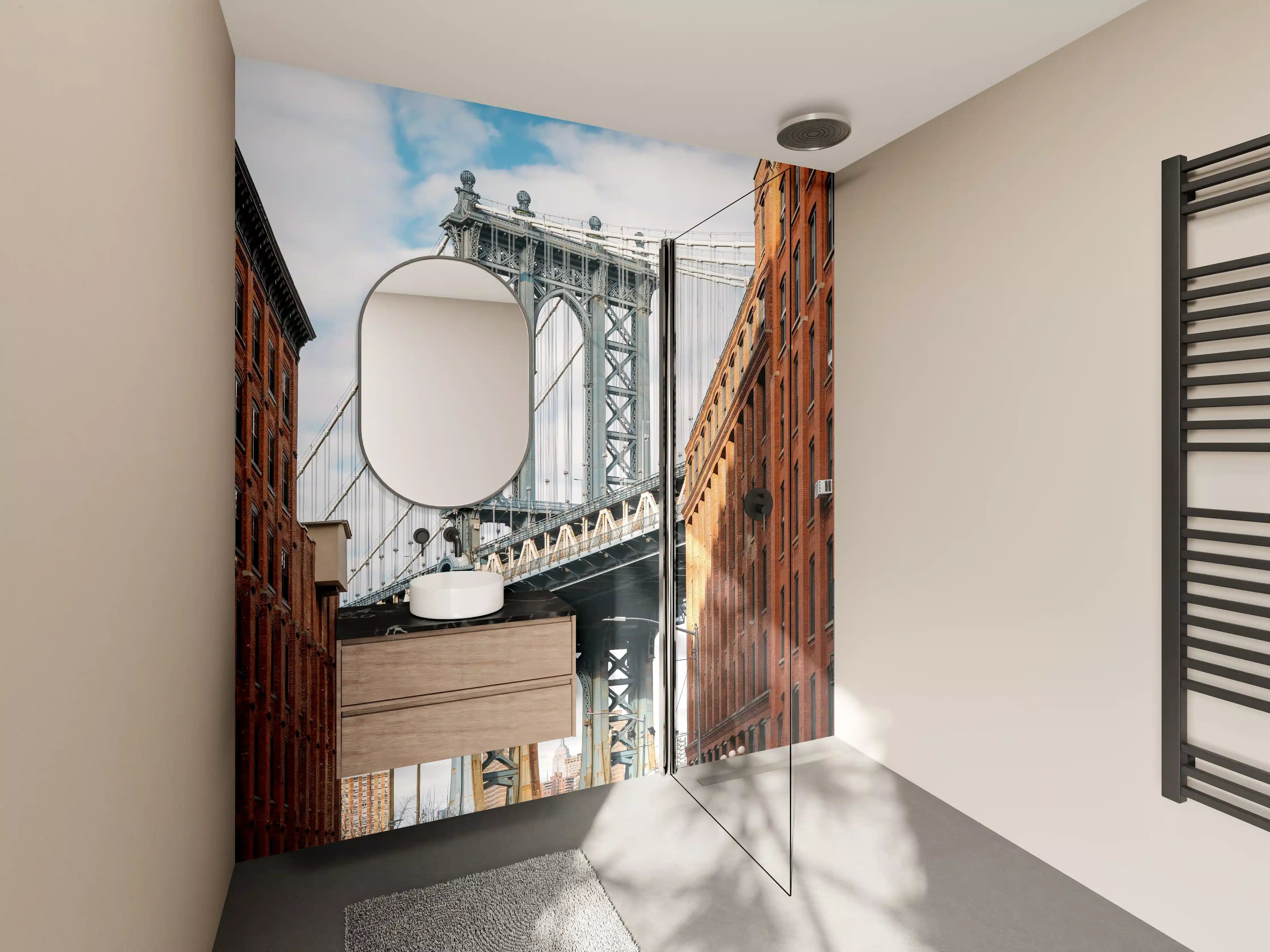 Wandverkleidung Bad - Graue Brücke zwischen weißen Backsteinfassaden