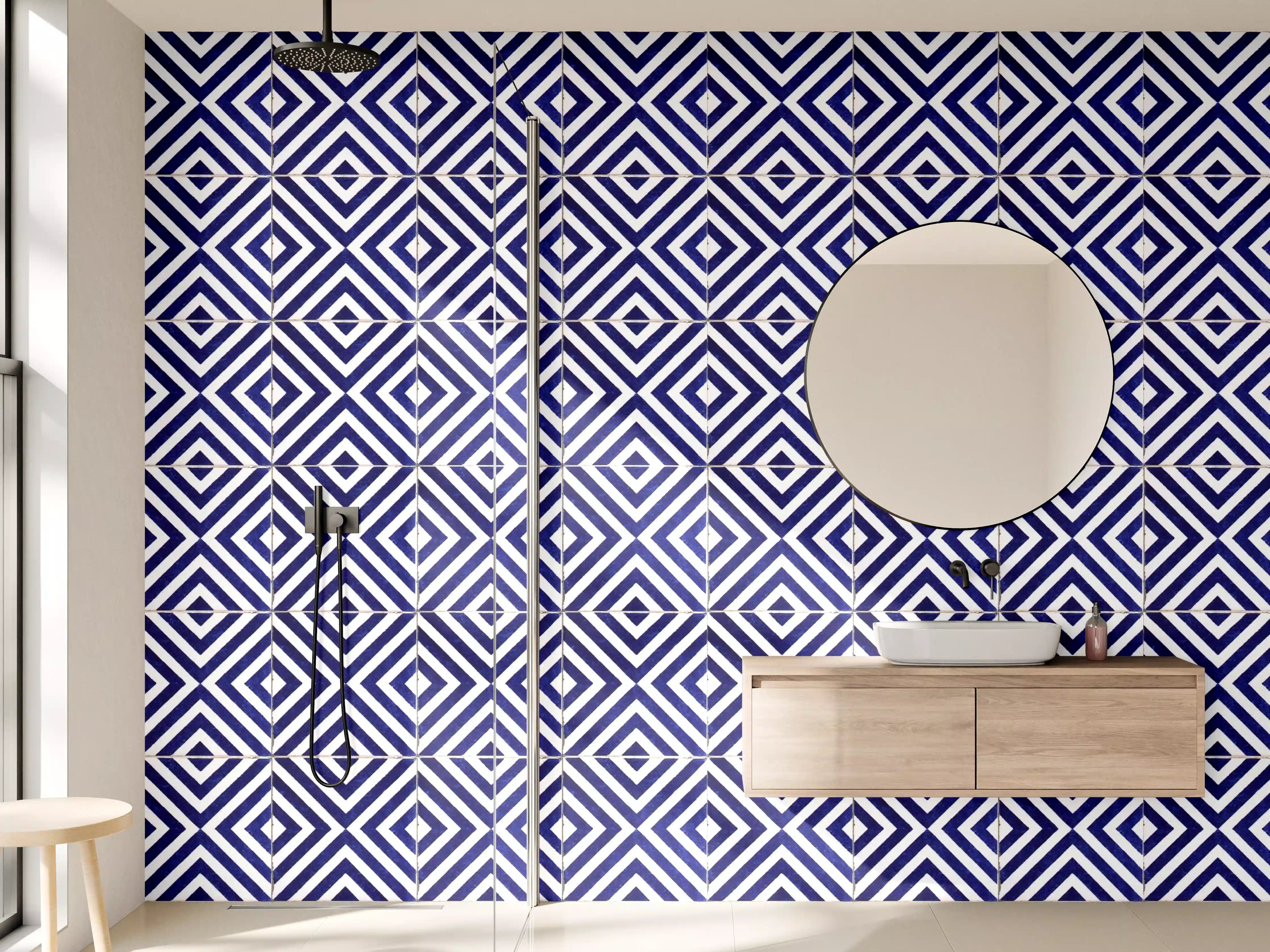 Wandverkleidung Bad - Graue Eleganz: Geometrische Fliesen