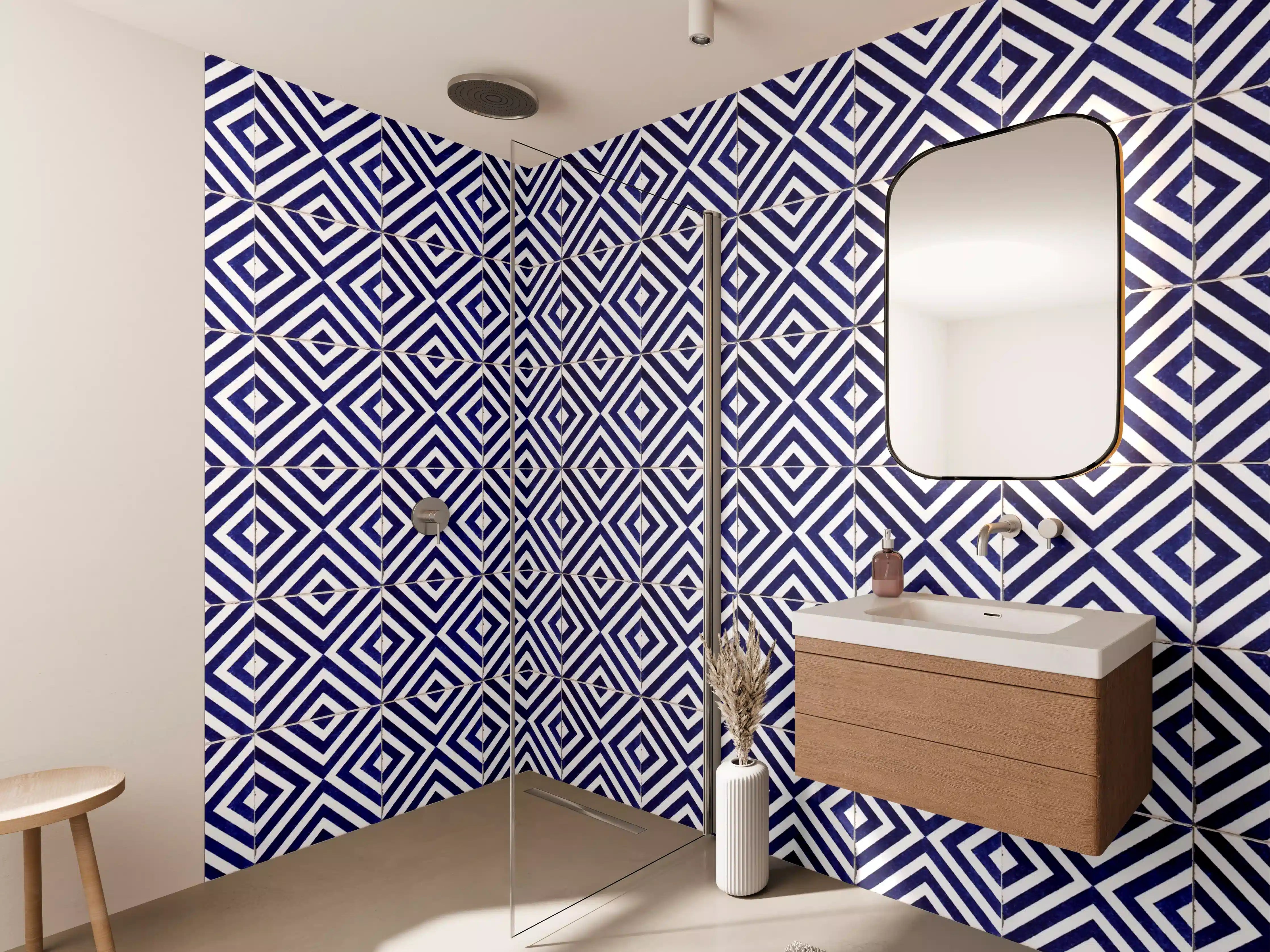 Wandverkleidung Bad - Graue Eleganz: Geometrische Fliesen