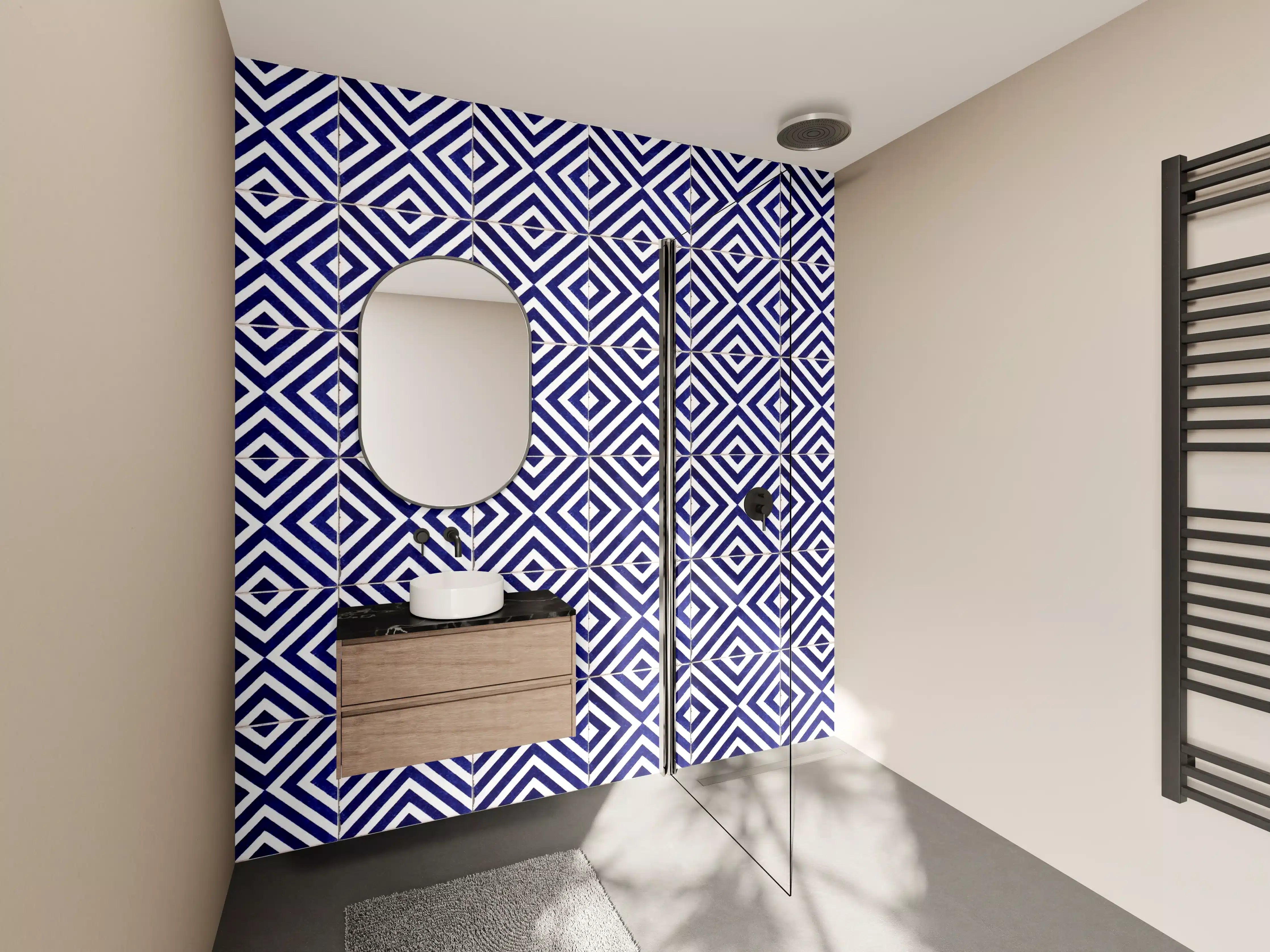 Wandverkleidung Bad - Graue Eleganz: Geometrische Fliesen