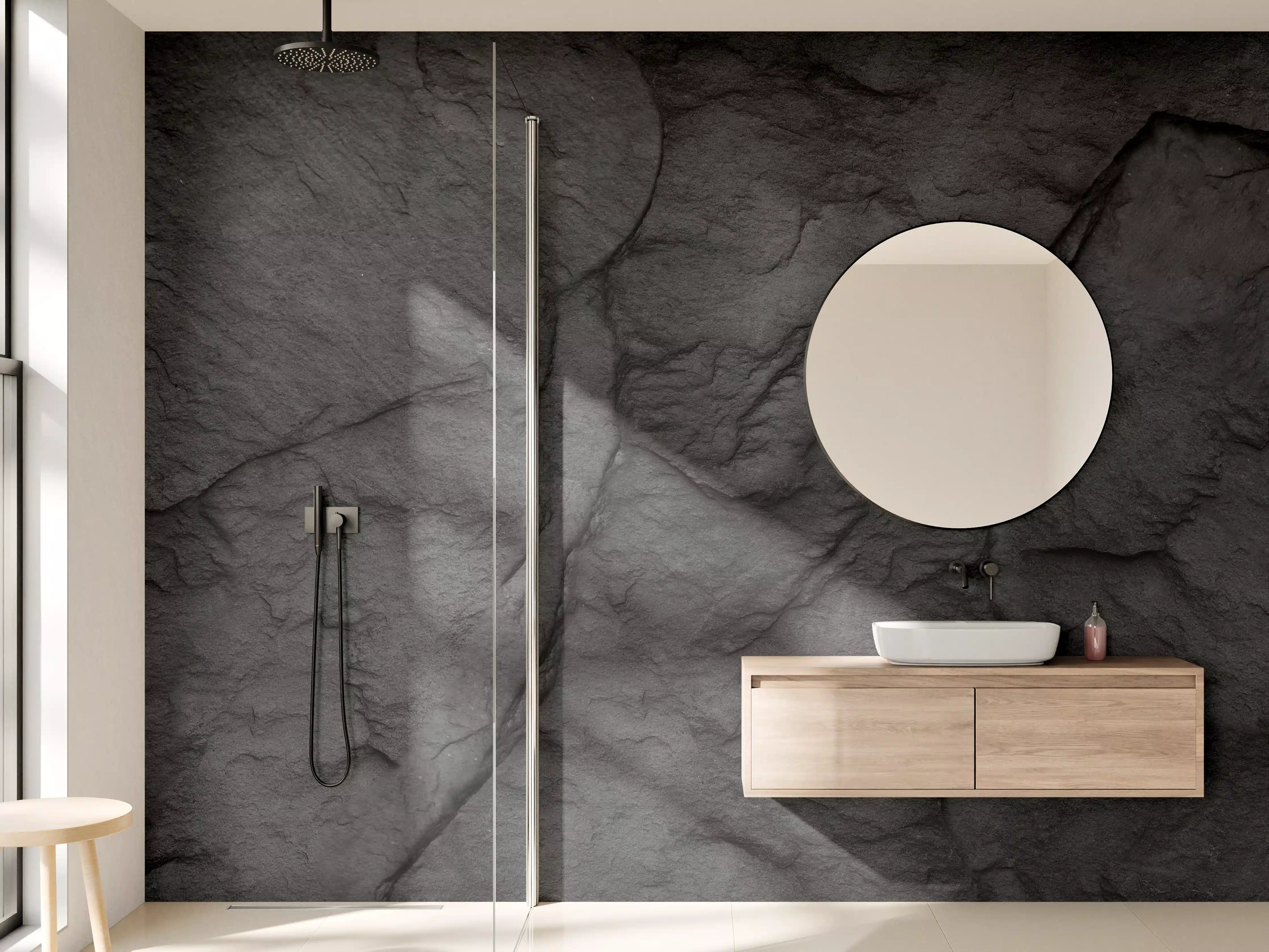 Wandverkleidung Bad - Graue Felswand mit Weißtextur