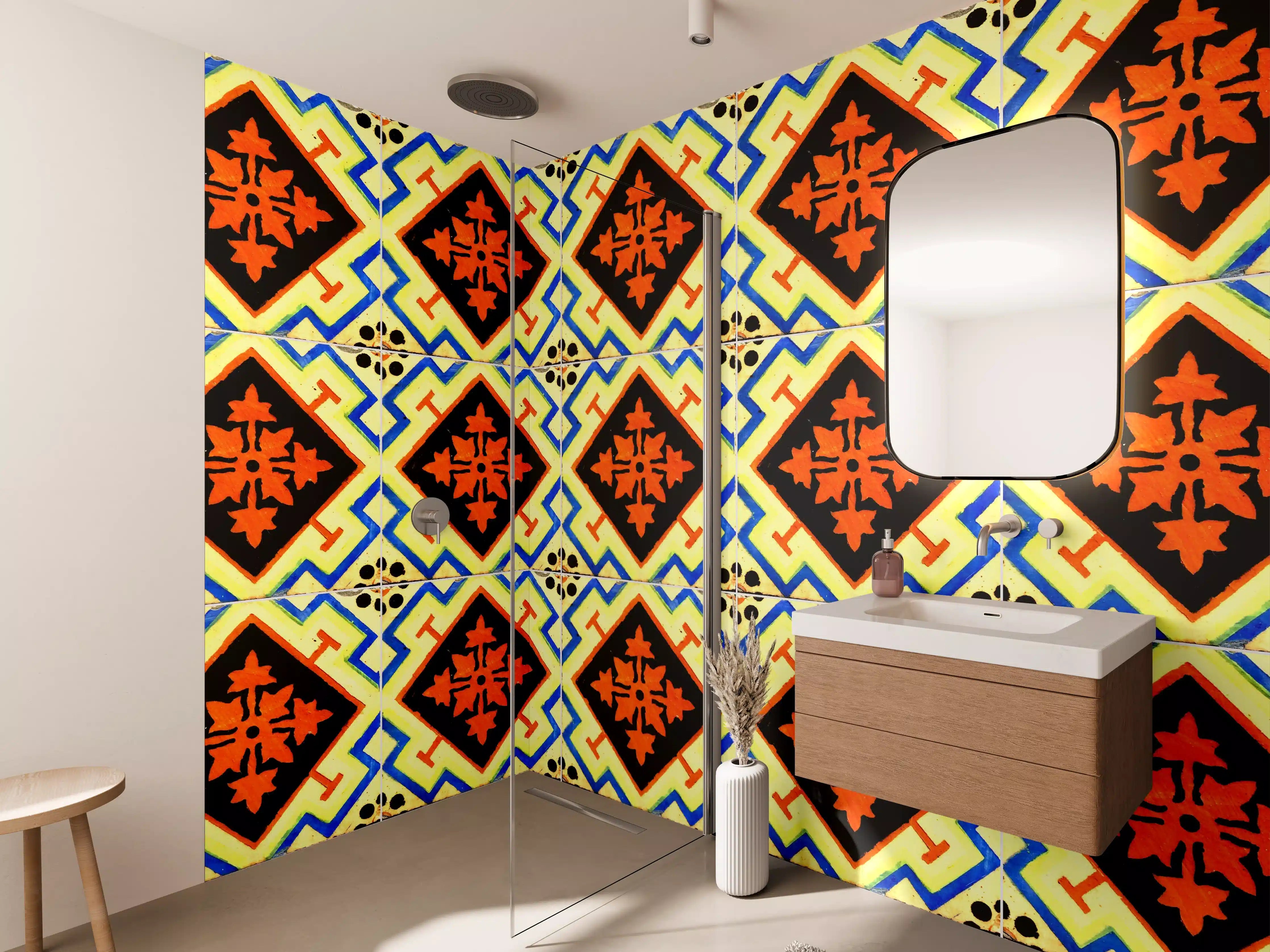 Wandverkleidung Bad - Graue Fliesen mit geometrischem Design