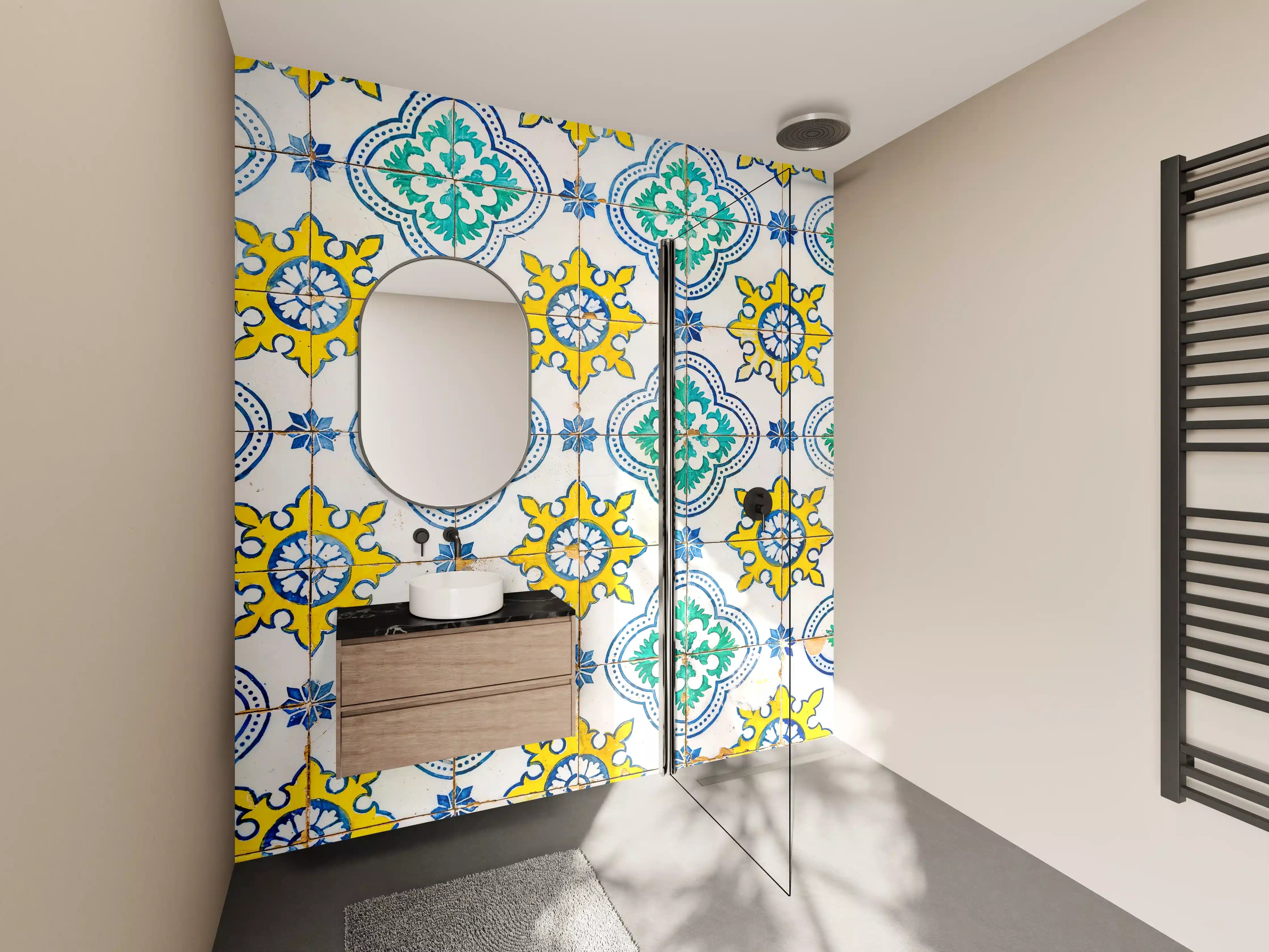 Wandverkleidung Bad - Graue Fliesen mit mediterranem Design