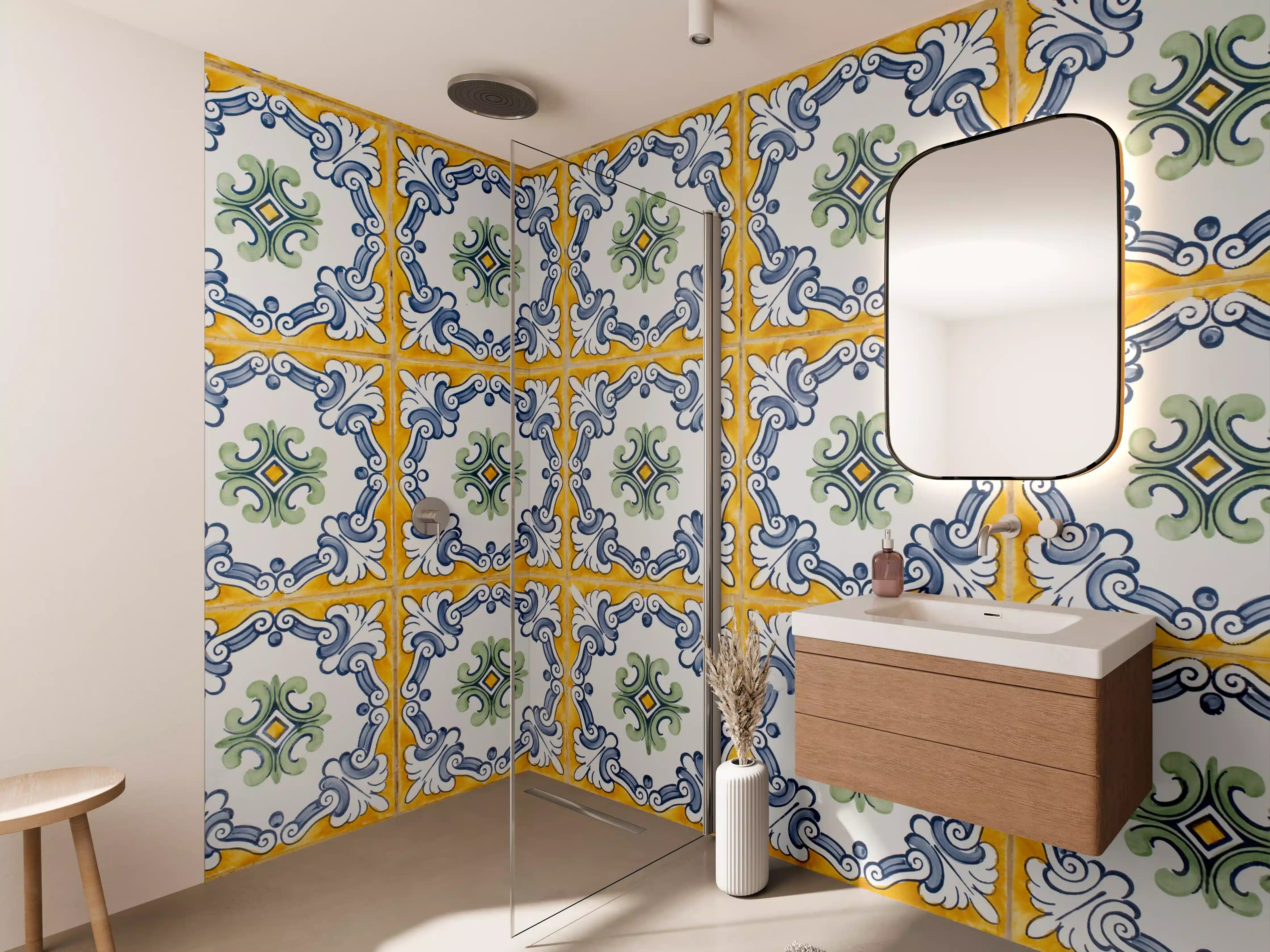 Wandverkleidung Bad - Graue Fliesen mit traditionellem Muster