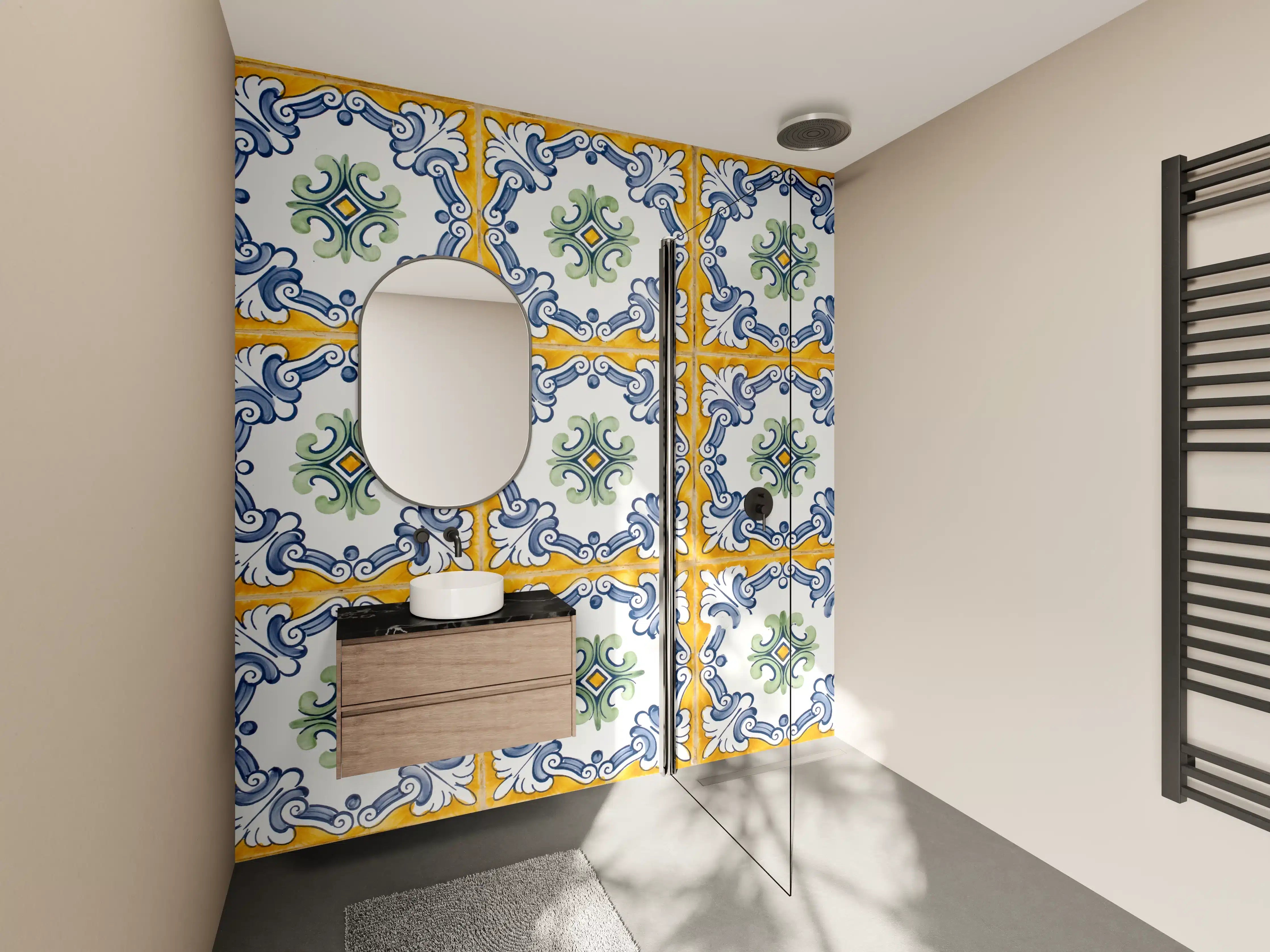 Wandverkleidung Bad - Graue Fliesen mit traditionellem Muster