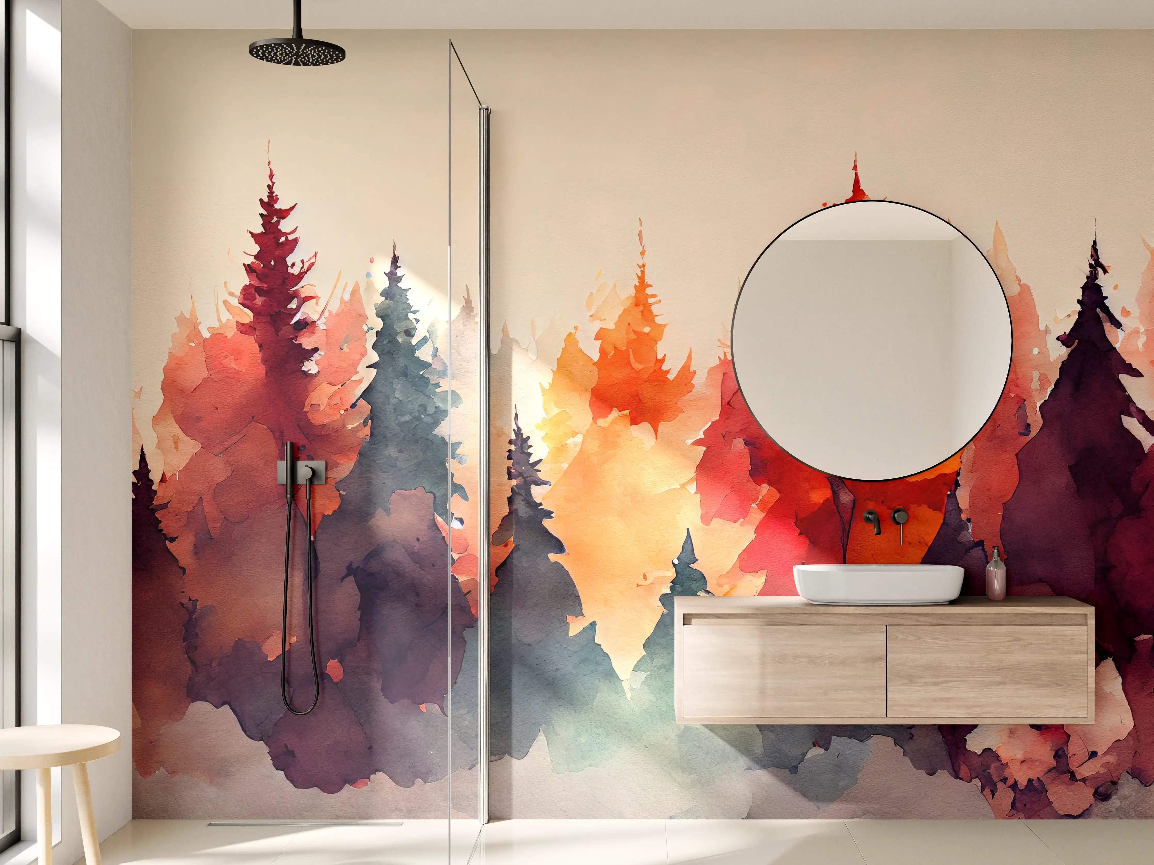 Wandverkleidung Bad - Graue Herbstwälder in Wasserfarben