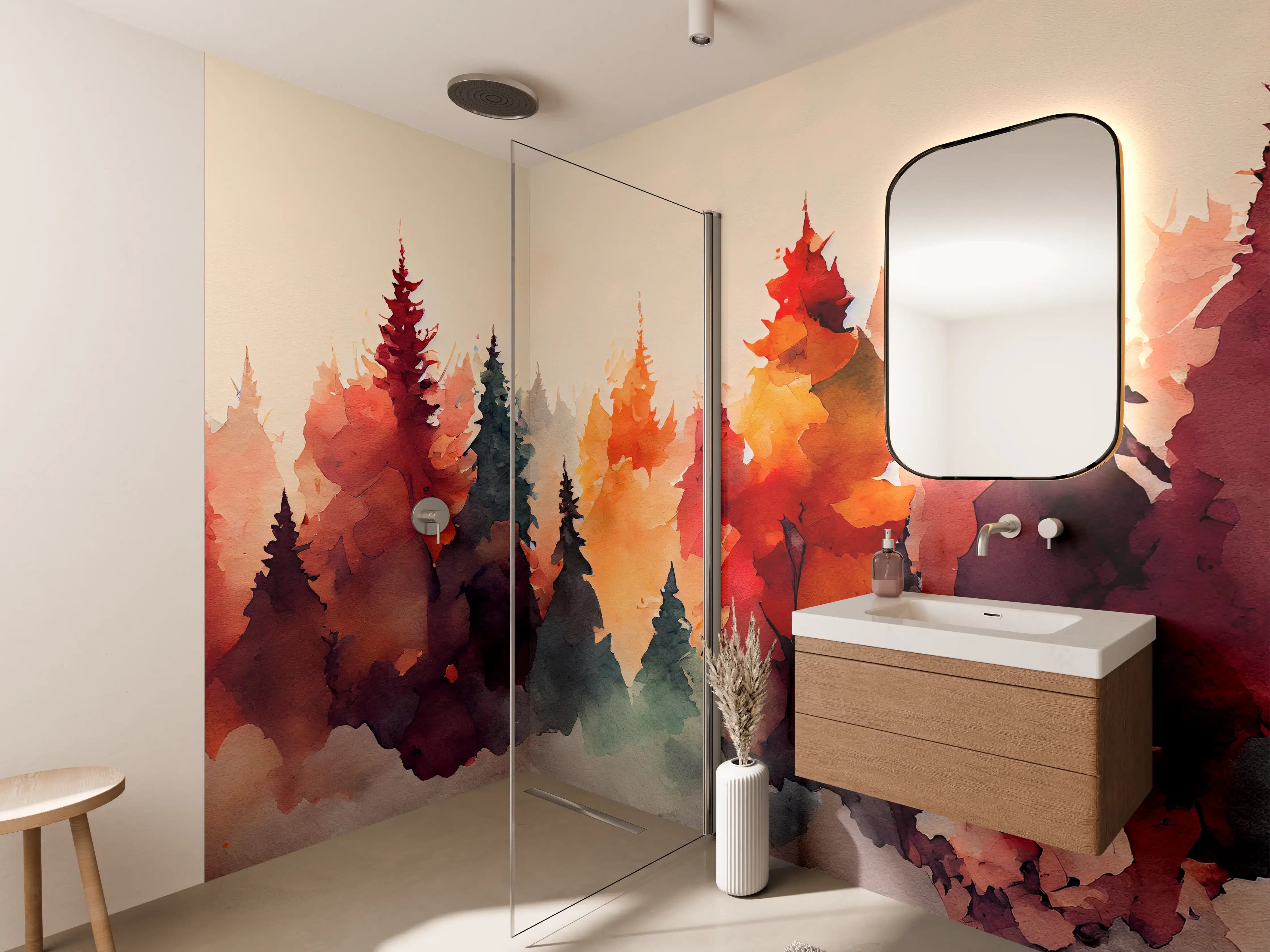 Wandverkleidung Bad - Graue Herbstwälder in Wasserfarben