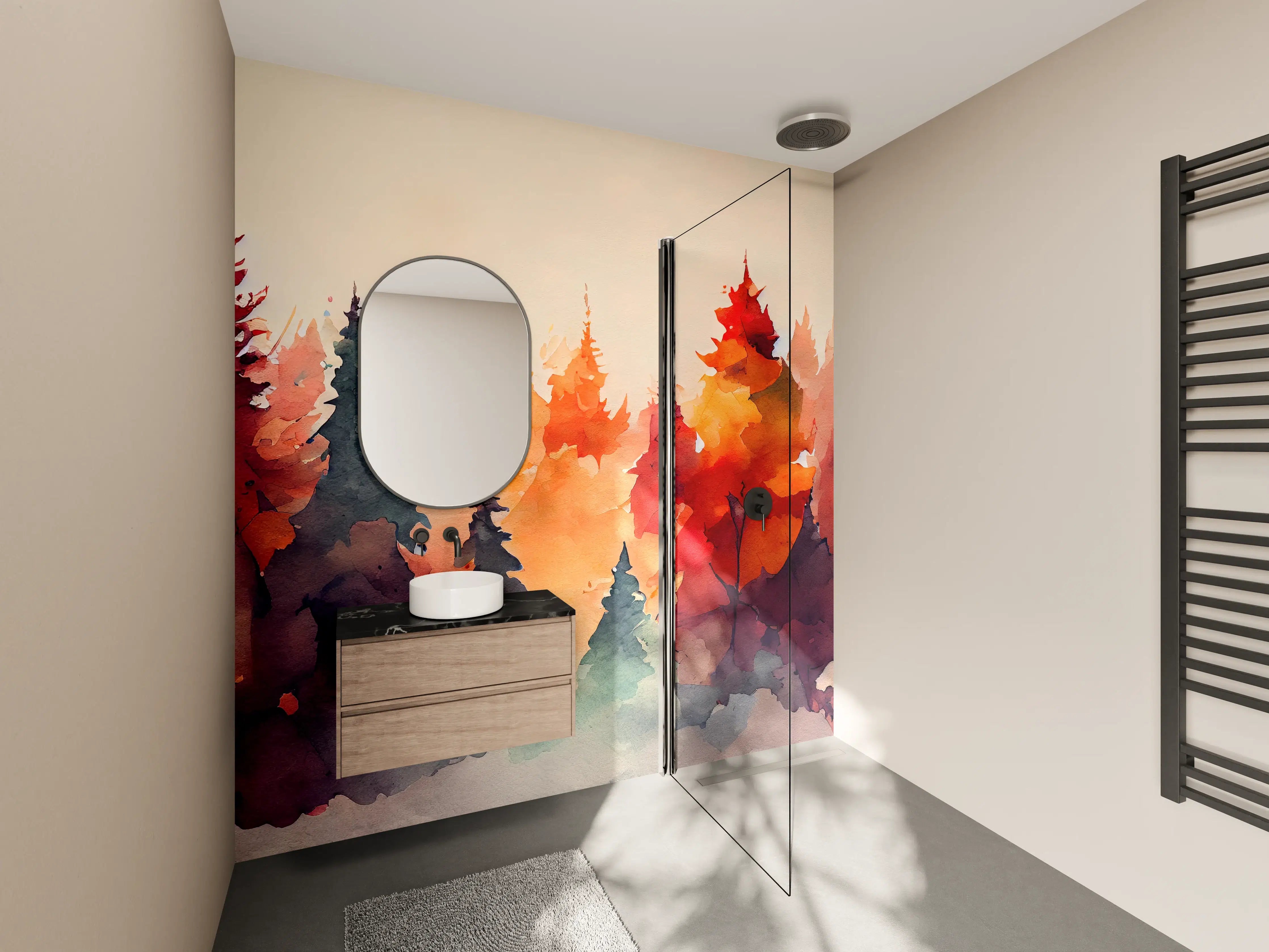 Wandverkleidung Bad - Graue Herbstwälder in Wasserfarben