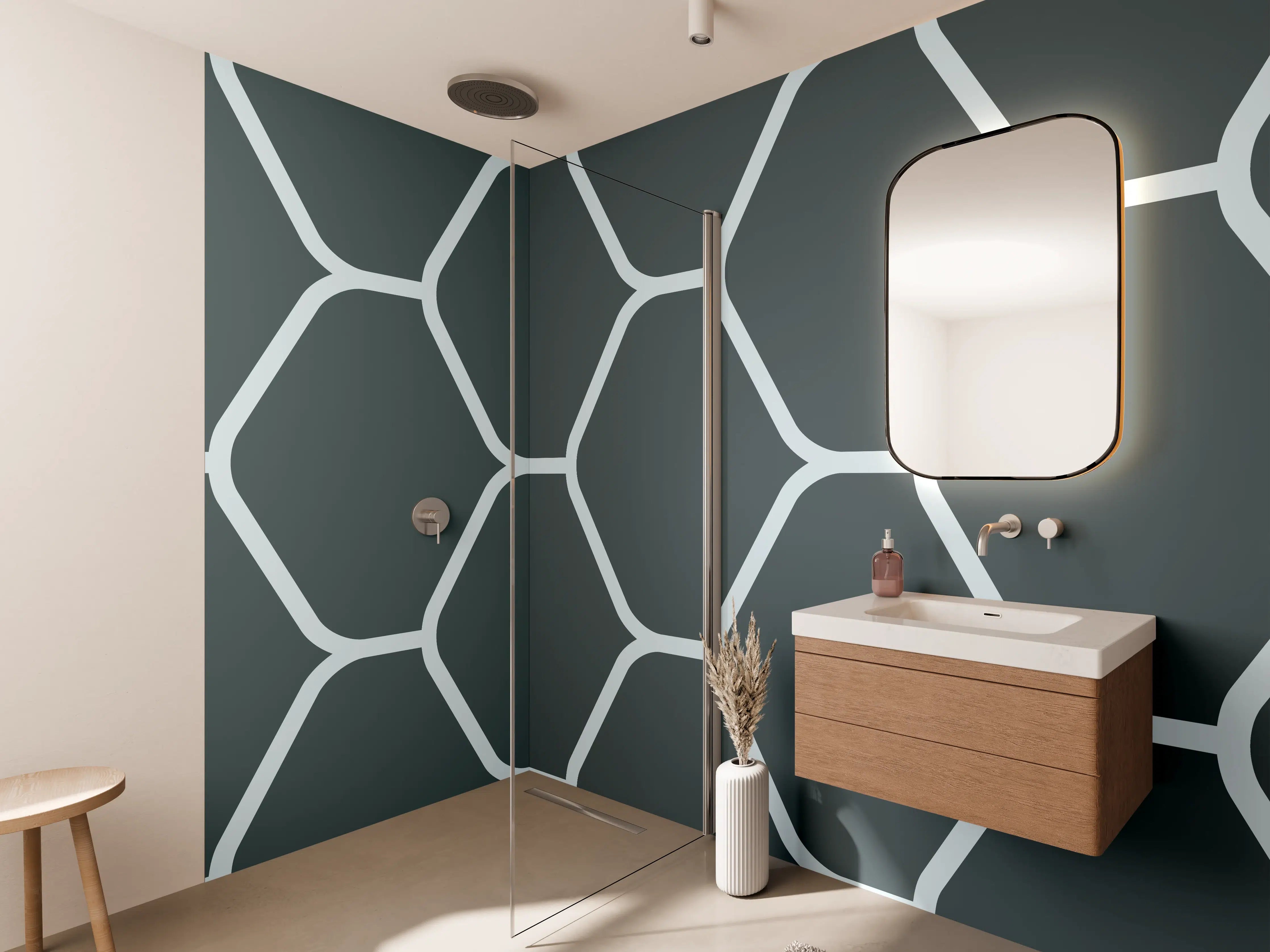 Wandverkleidung Bad - Graue Hexagon-Muster Tapete
