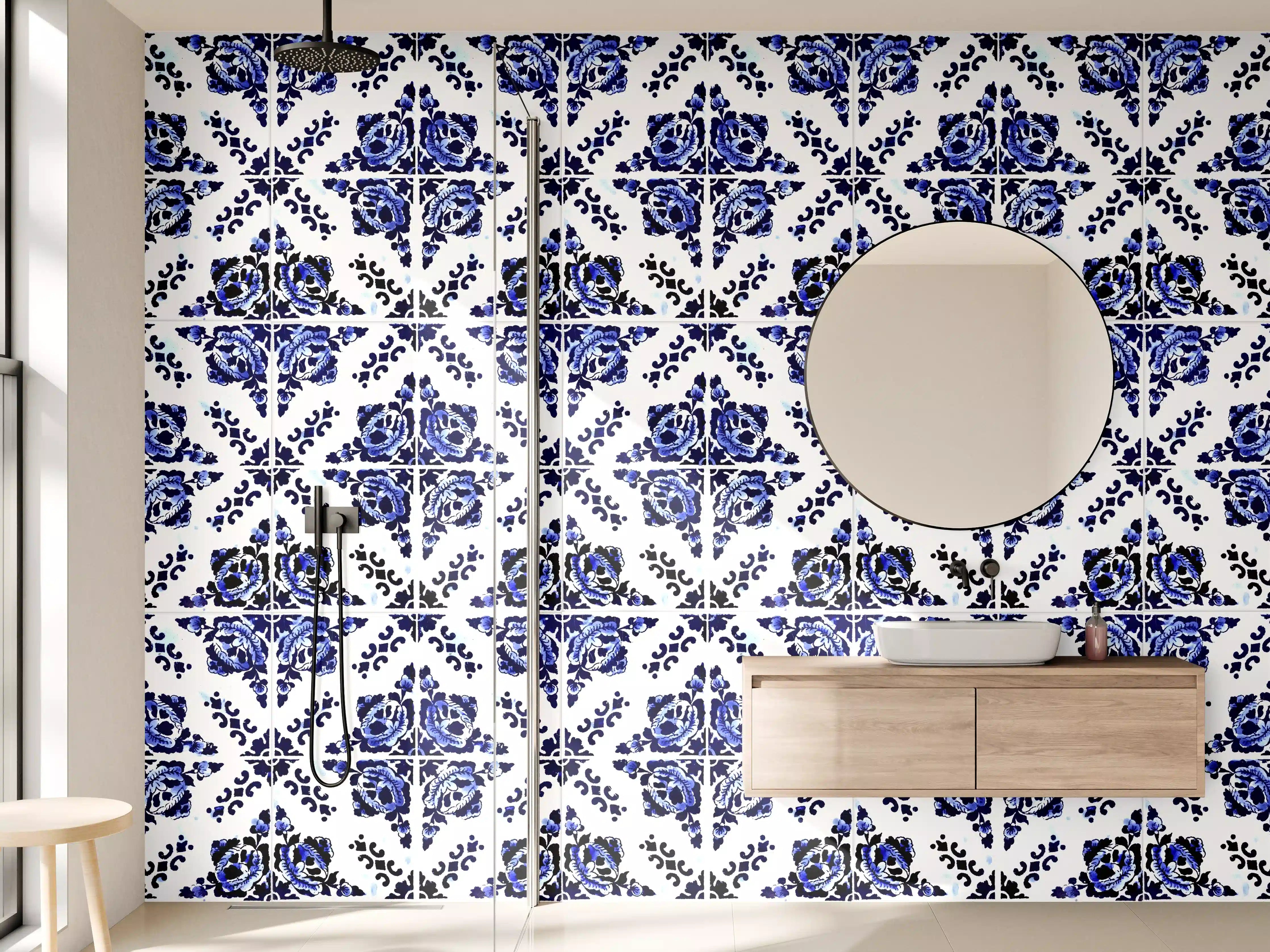 Wandverkleidung Bad - Graue Himmel, Weiße Fliesenmuster