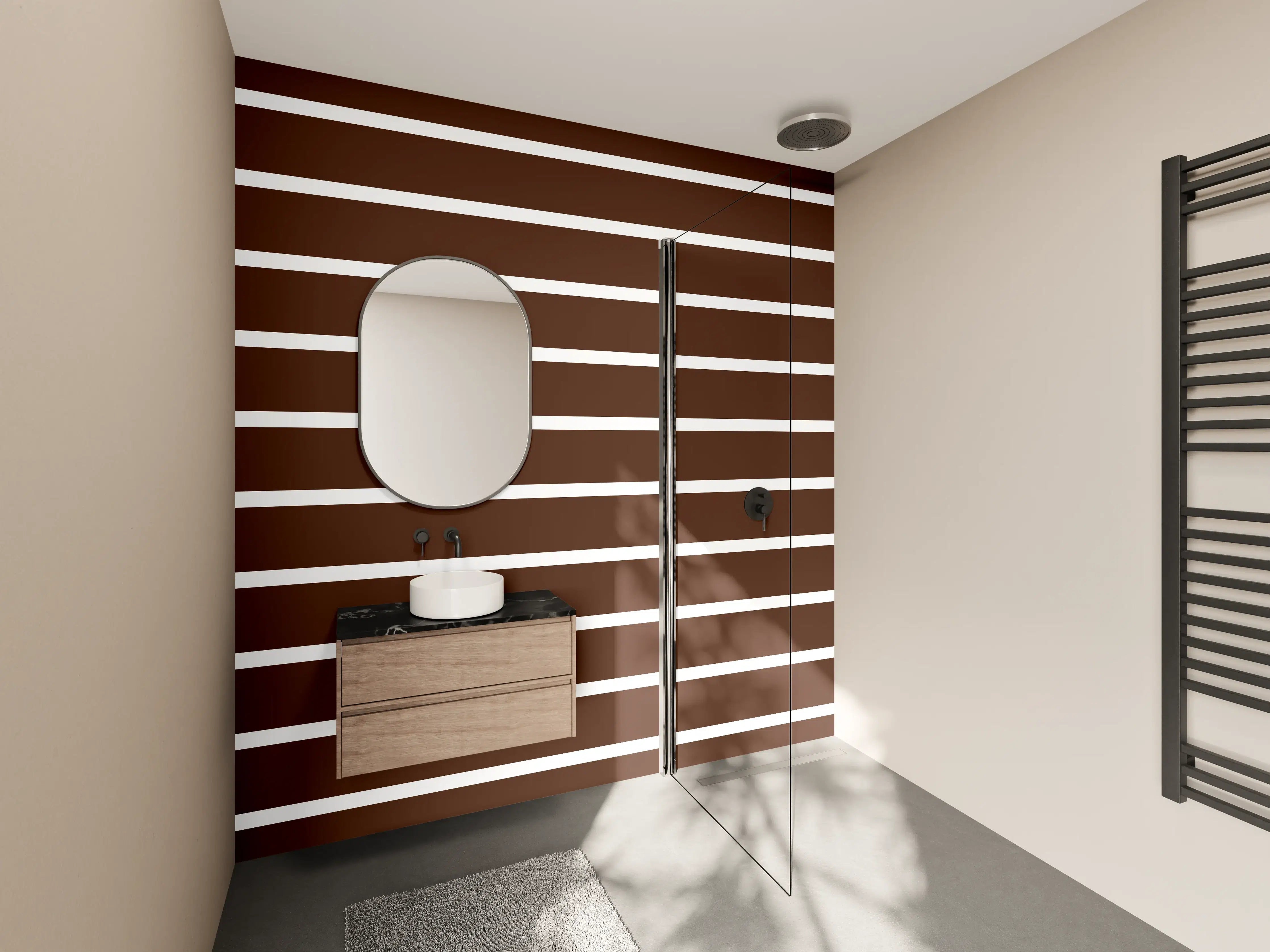 Wandverkleidung Bad - Graue Holzmaserung in sanften Beige-Tönen