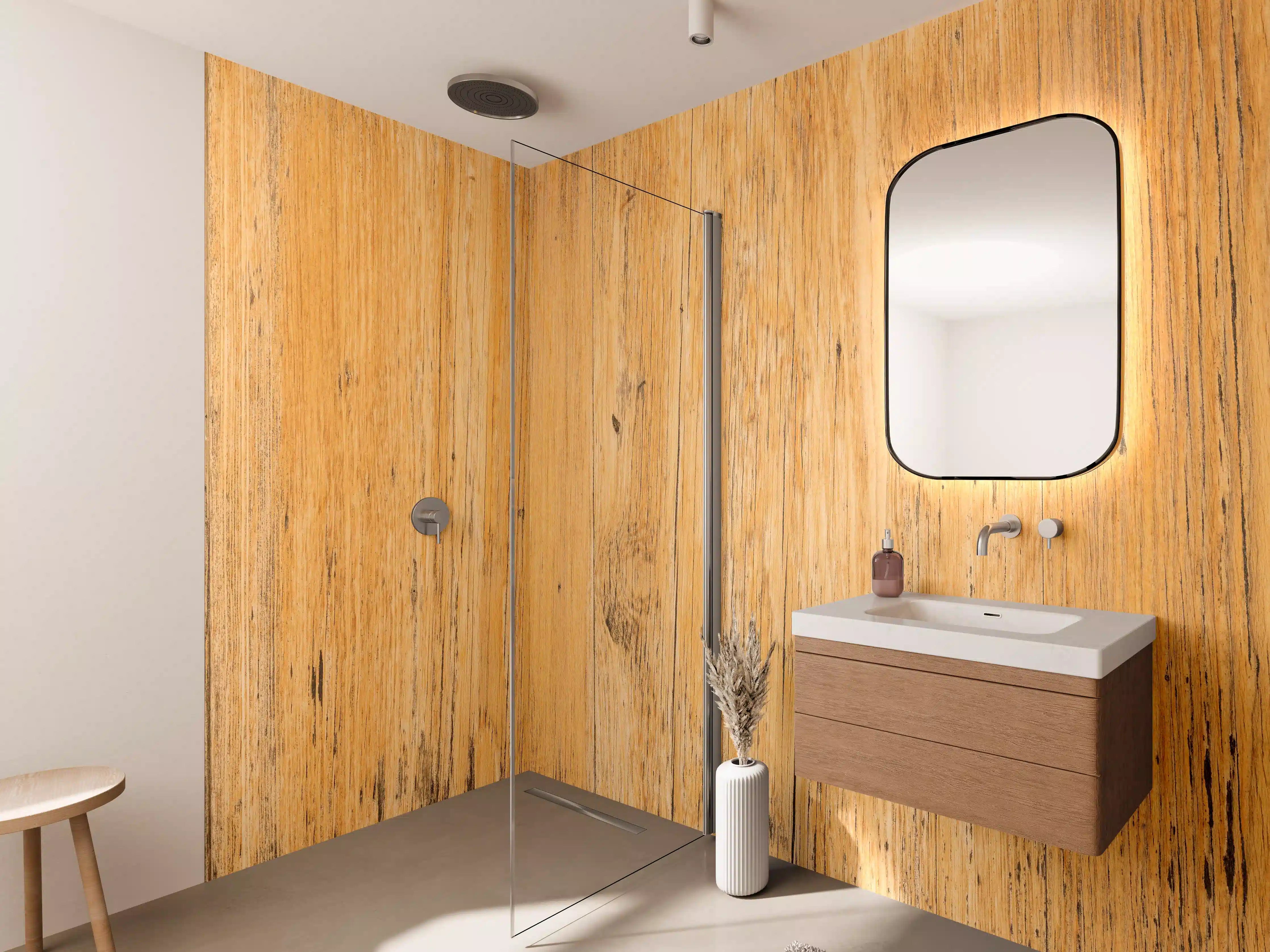 Wandverkleidung Bad - Graue Holzmaserung mit weißer Struktur