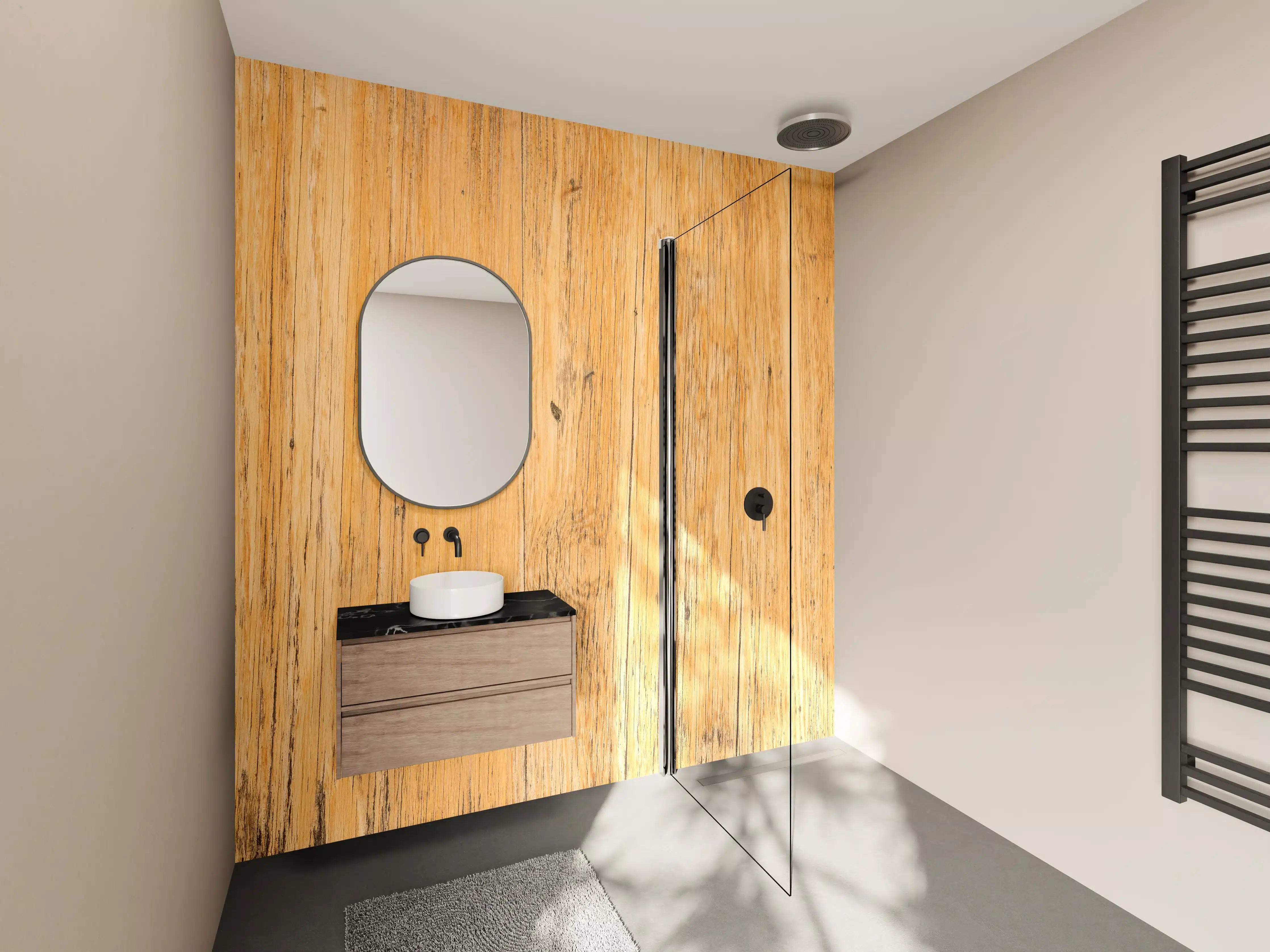 Wandverkleidung Bad - Graue Holzmaserung mit weißer Struktur