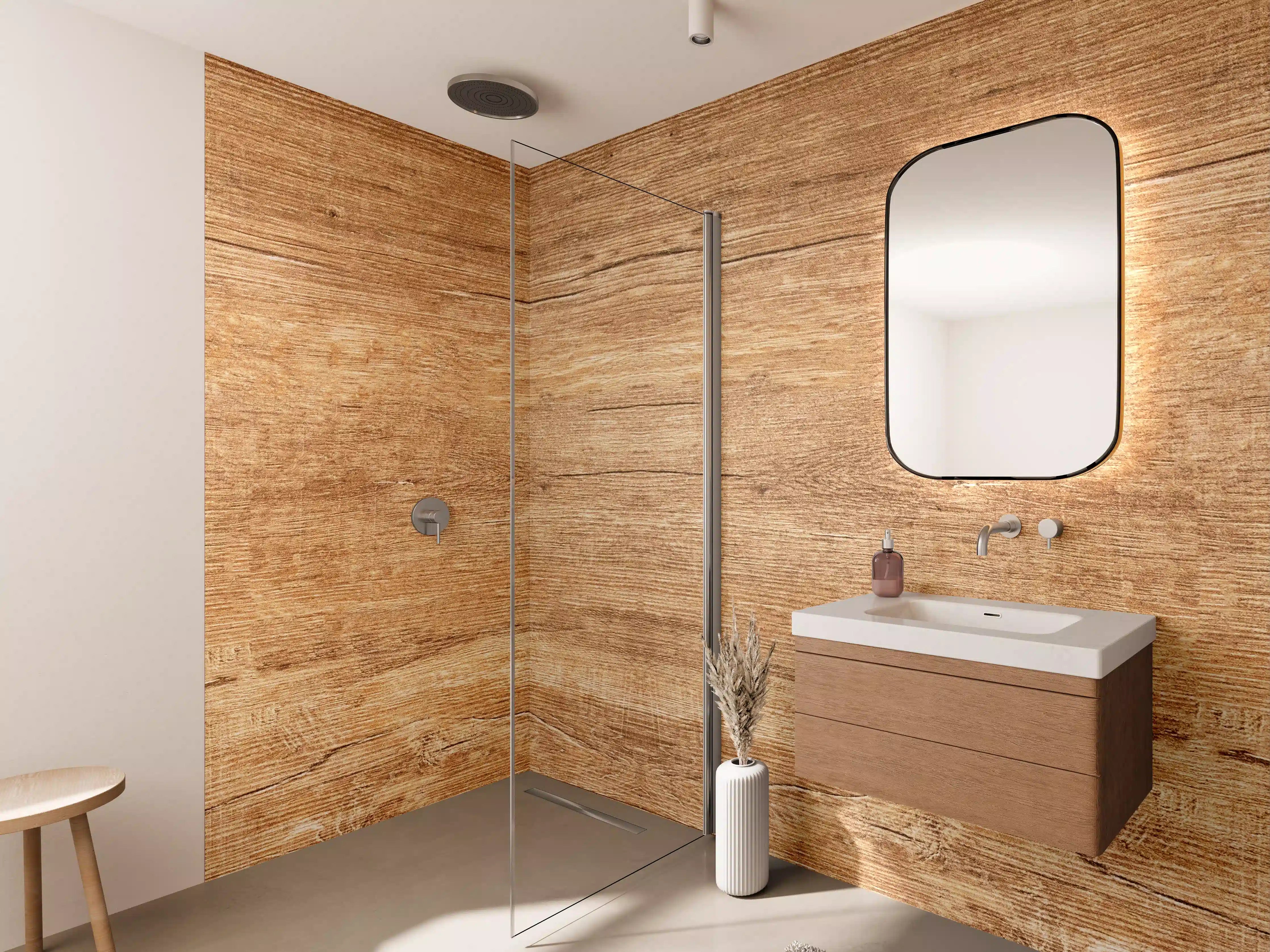 Wandverkleidung Bad - Graue Holzoptik in warmen Nuancen