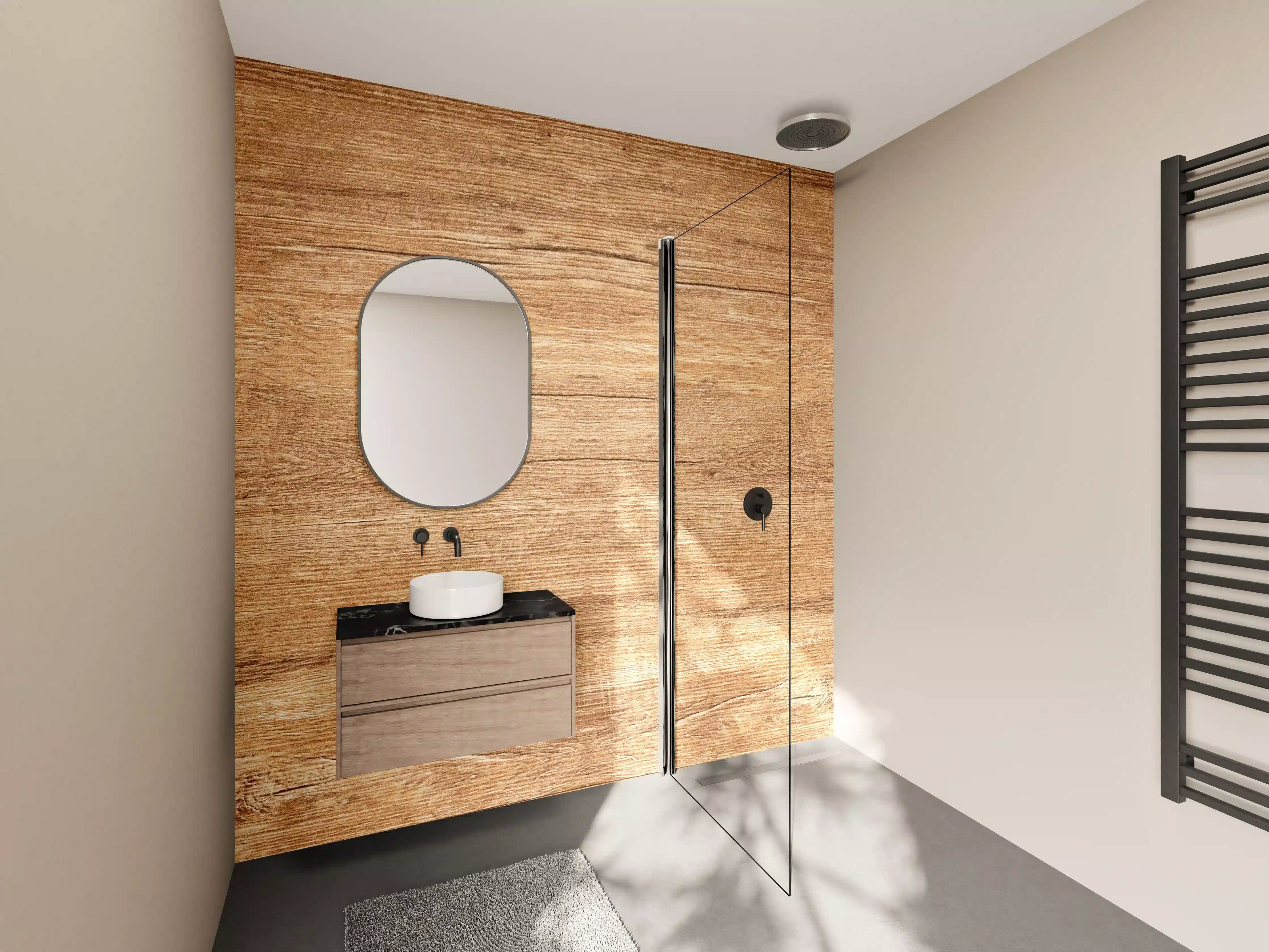 Wandverkleidung Bad - Graue Holzoptik in warmen Nuancen