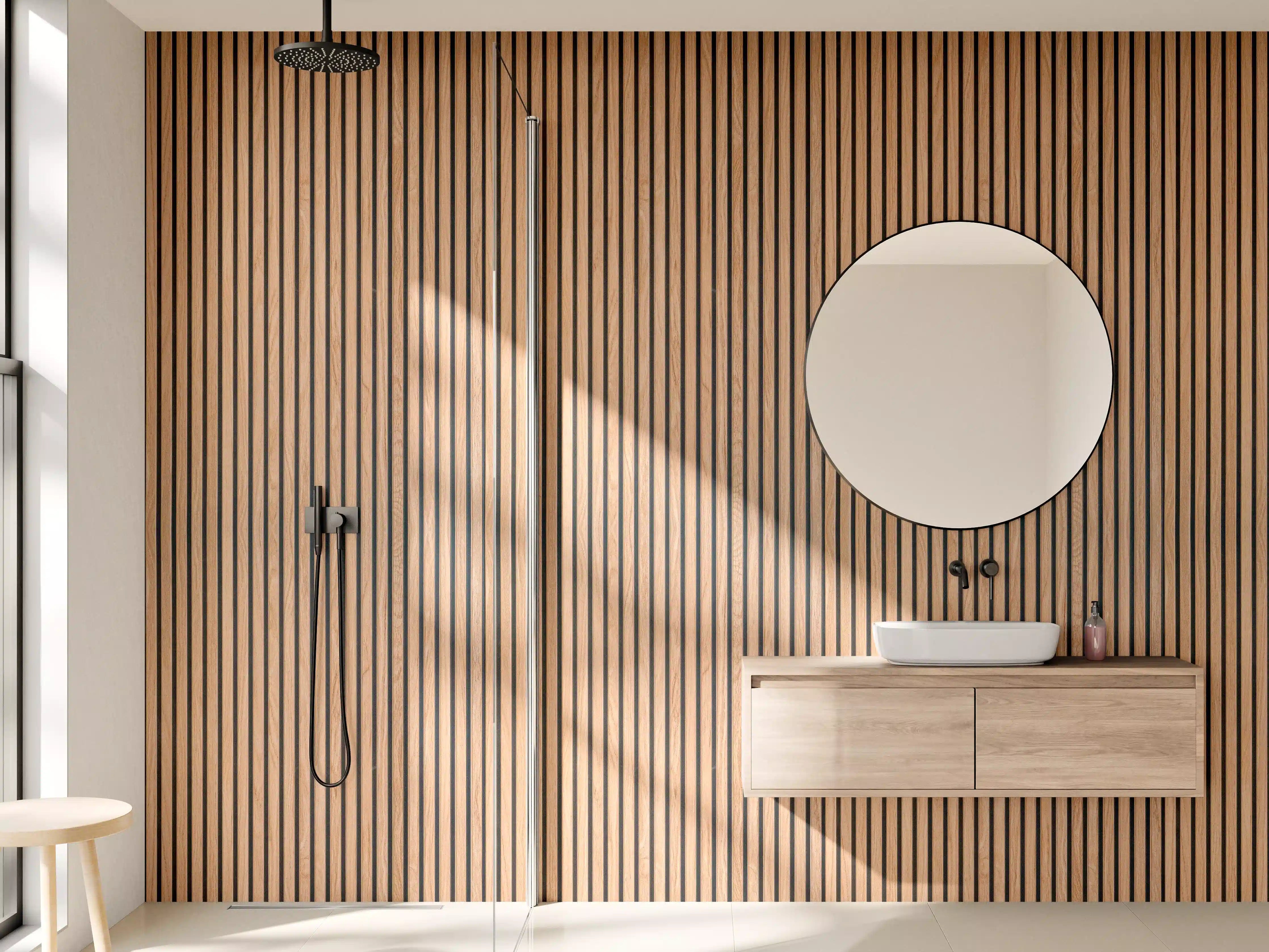 Wandverkleidung Bad - Graue Holzoptik mit feiner Linienstruktur