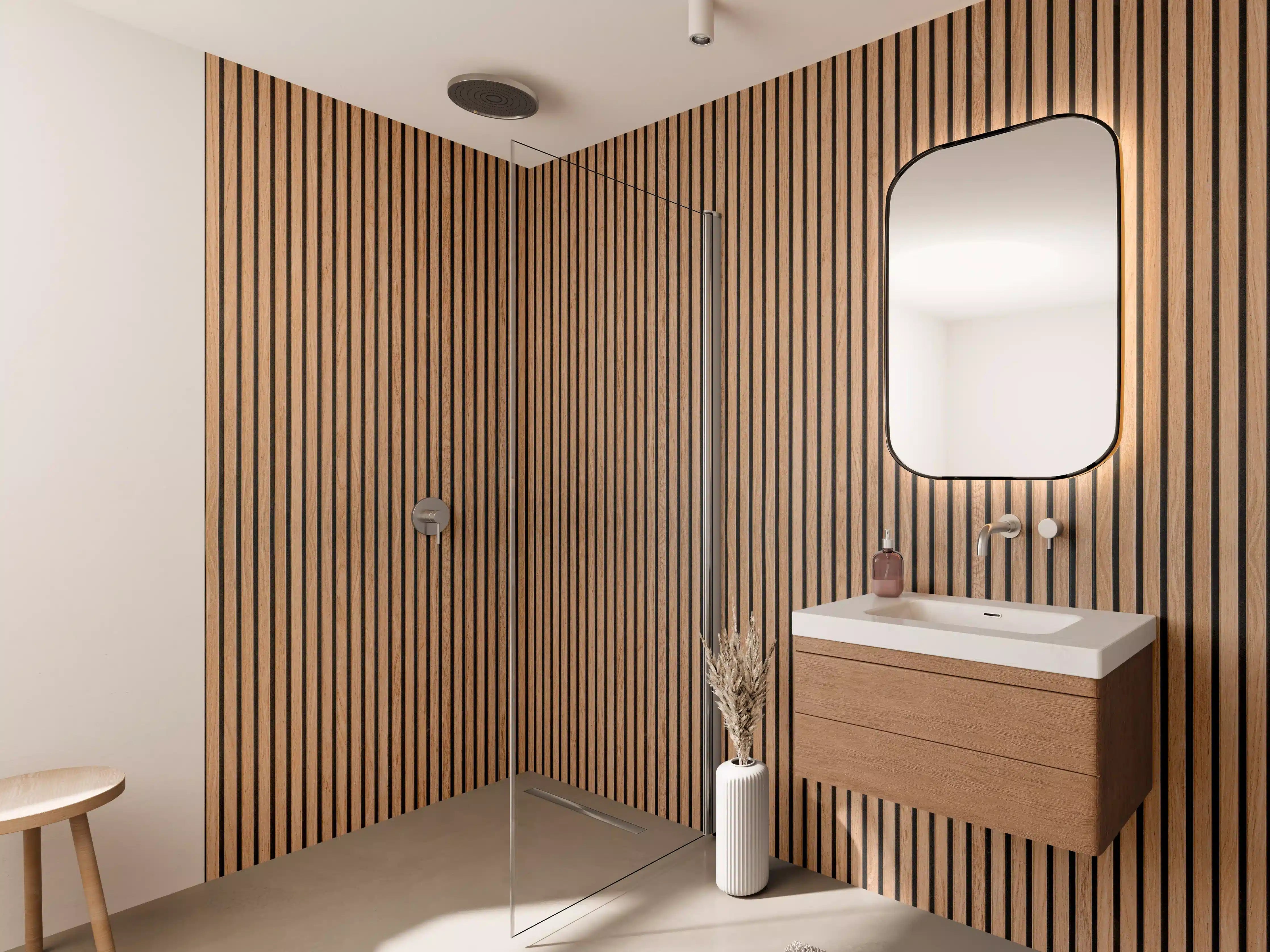 Wandverkleidung Bad - Graue Holzoptik mit feiner Linienstruktur