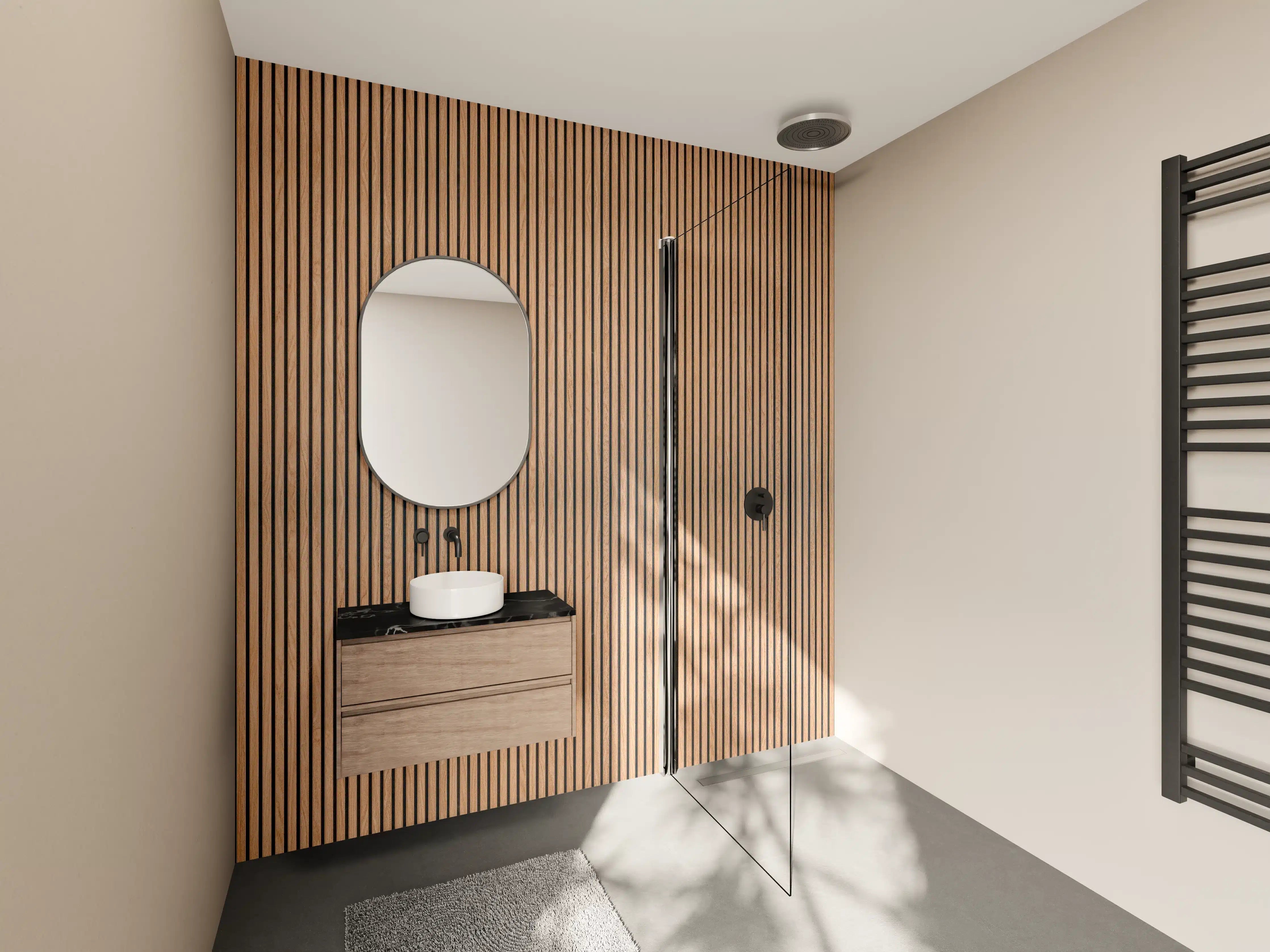 Wandverkleidung Bad - Graue Holzoptik mit feiner Linienstruktur
