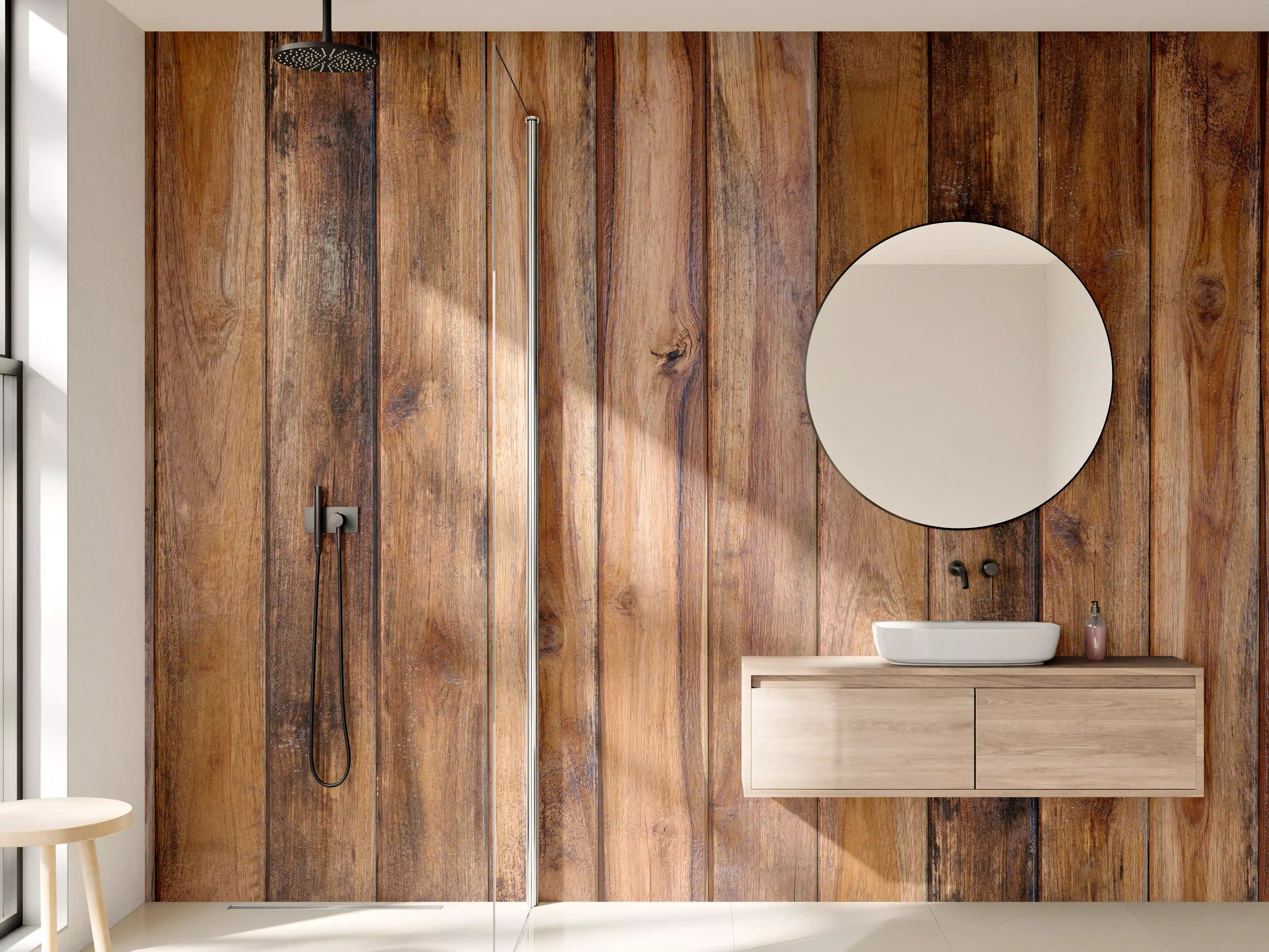 Wandverkleidung Bad - Graue Holzwand mit weißer Maserung