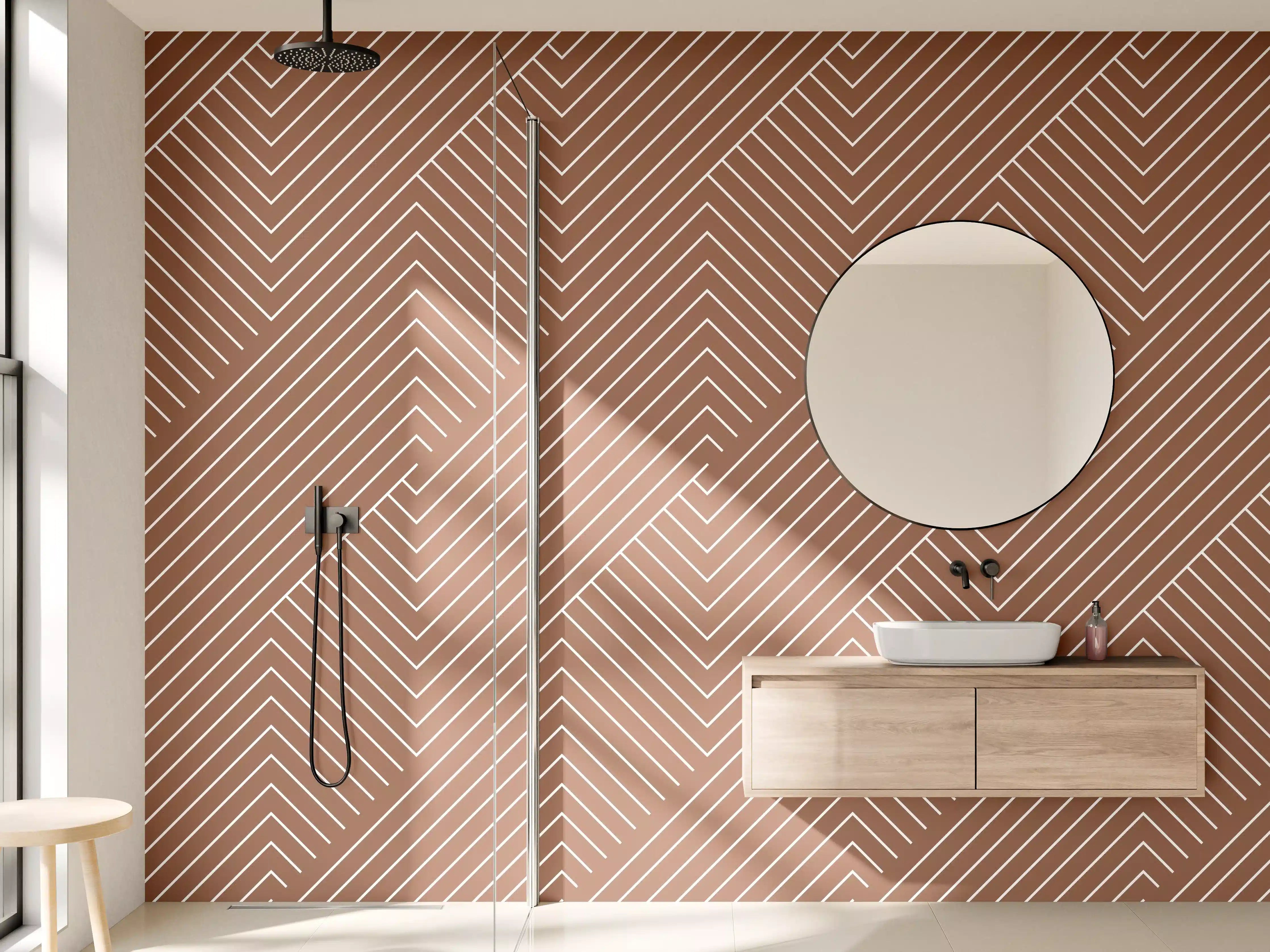 Wandverkleidung Bad - Graue Linien im Holzdesign