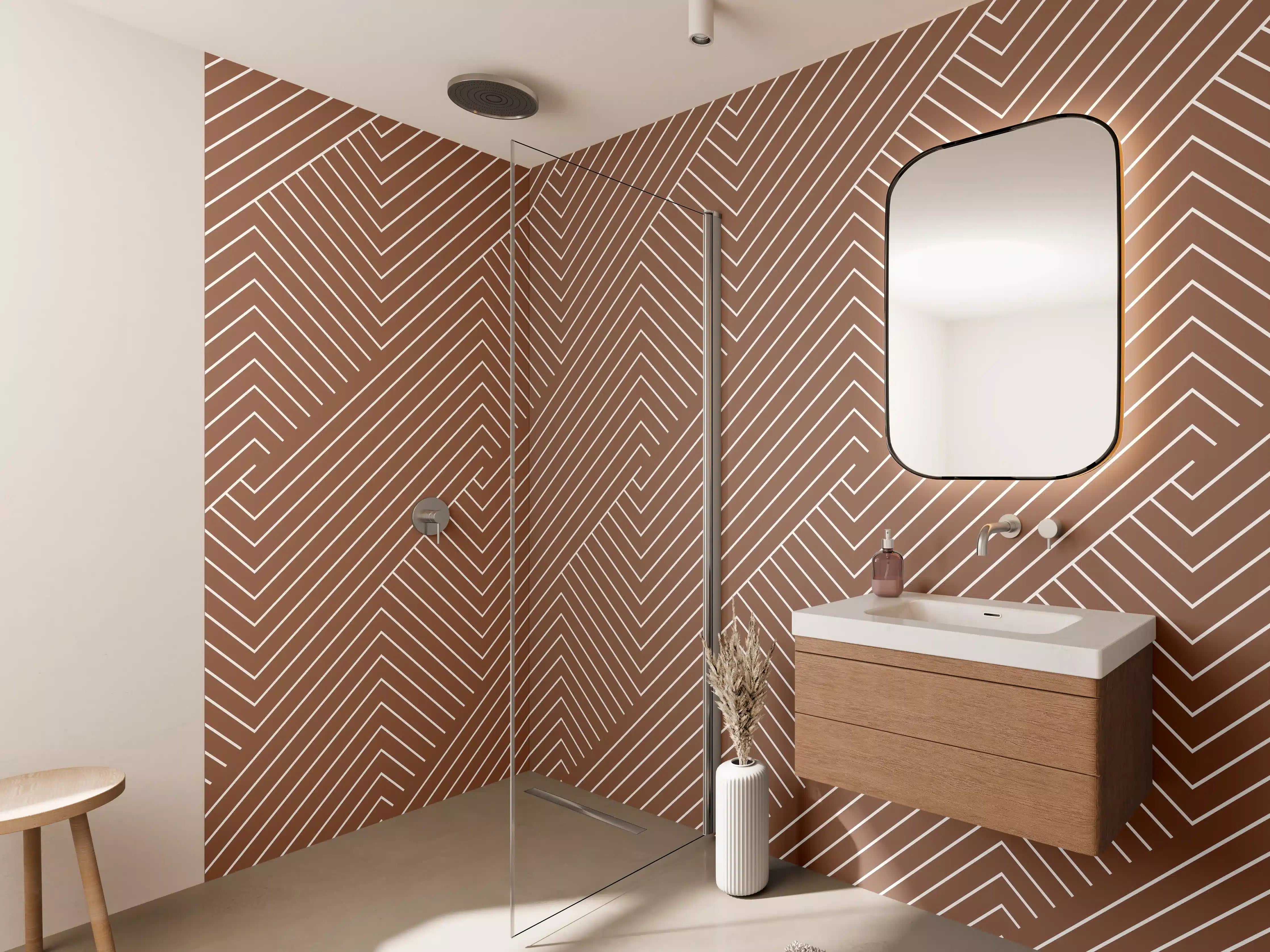 Wandverkleidung Bad - Graue Linien im Holzdesign