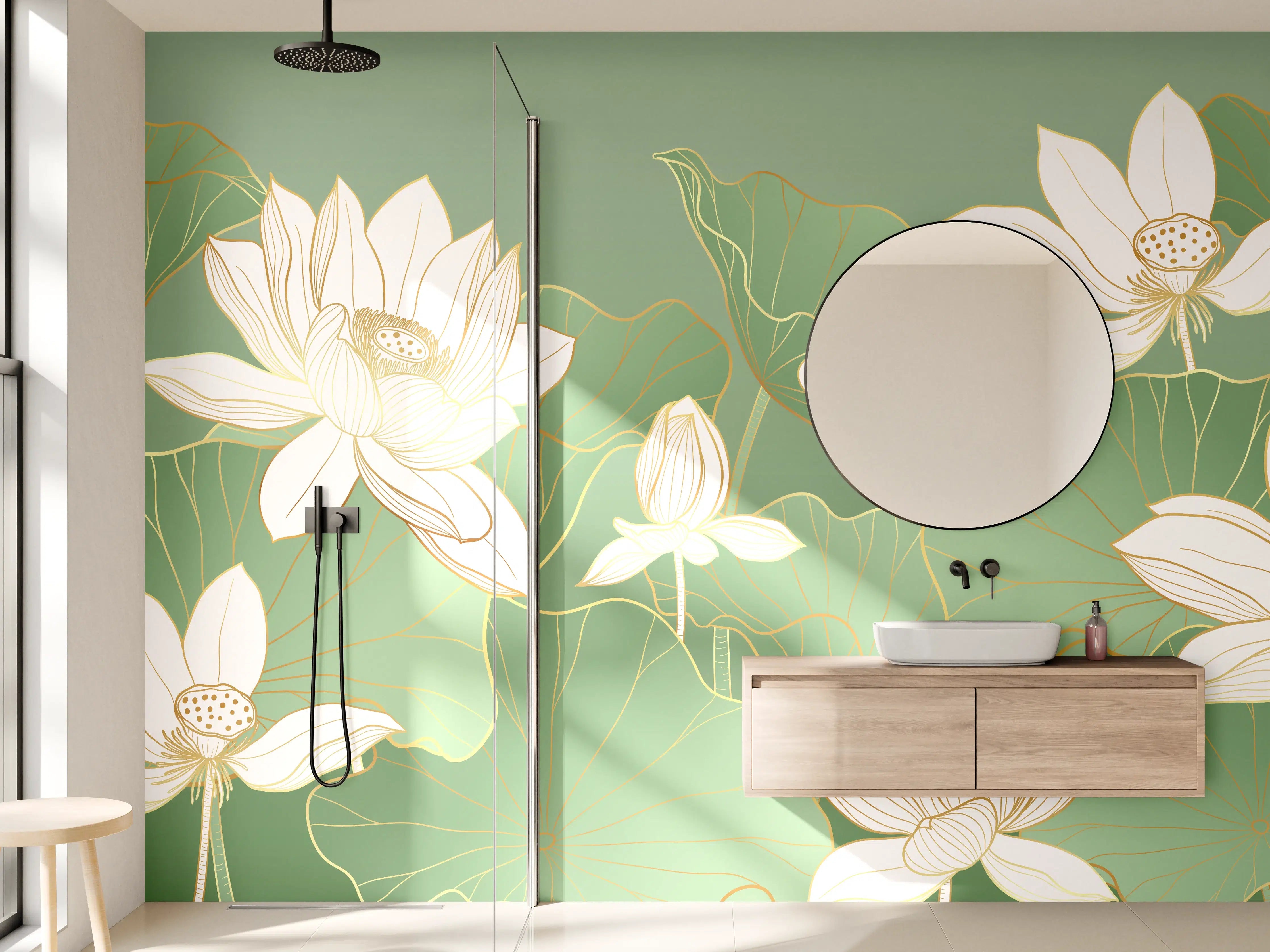 Wandverkleidung Bad - Graue Lotus auf smaragdgrünen Blättern