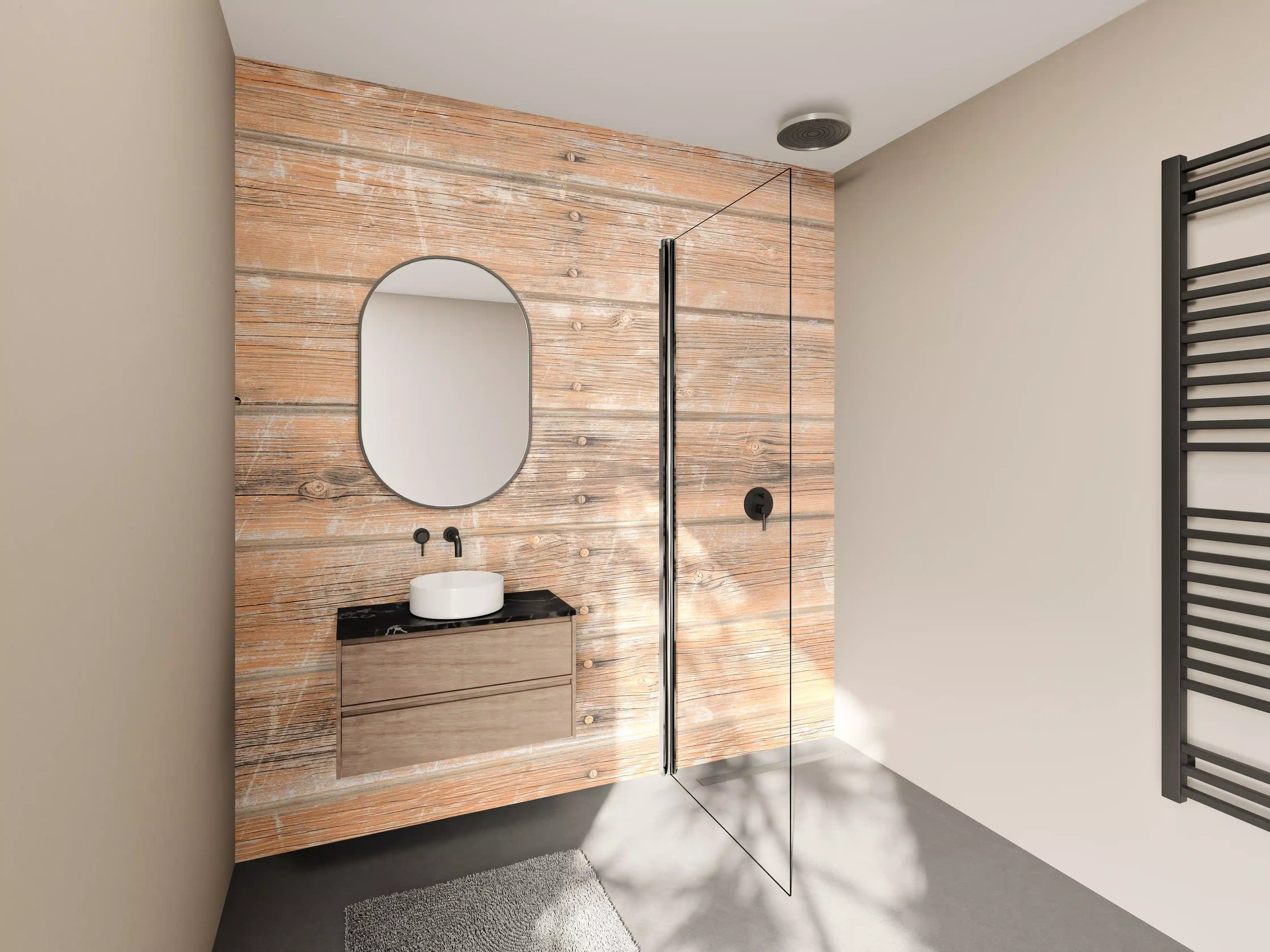 Wandverkleidung Bad - Graue Maserung auf Naturholzplatten