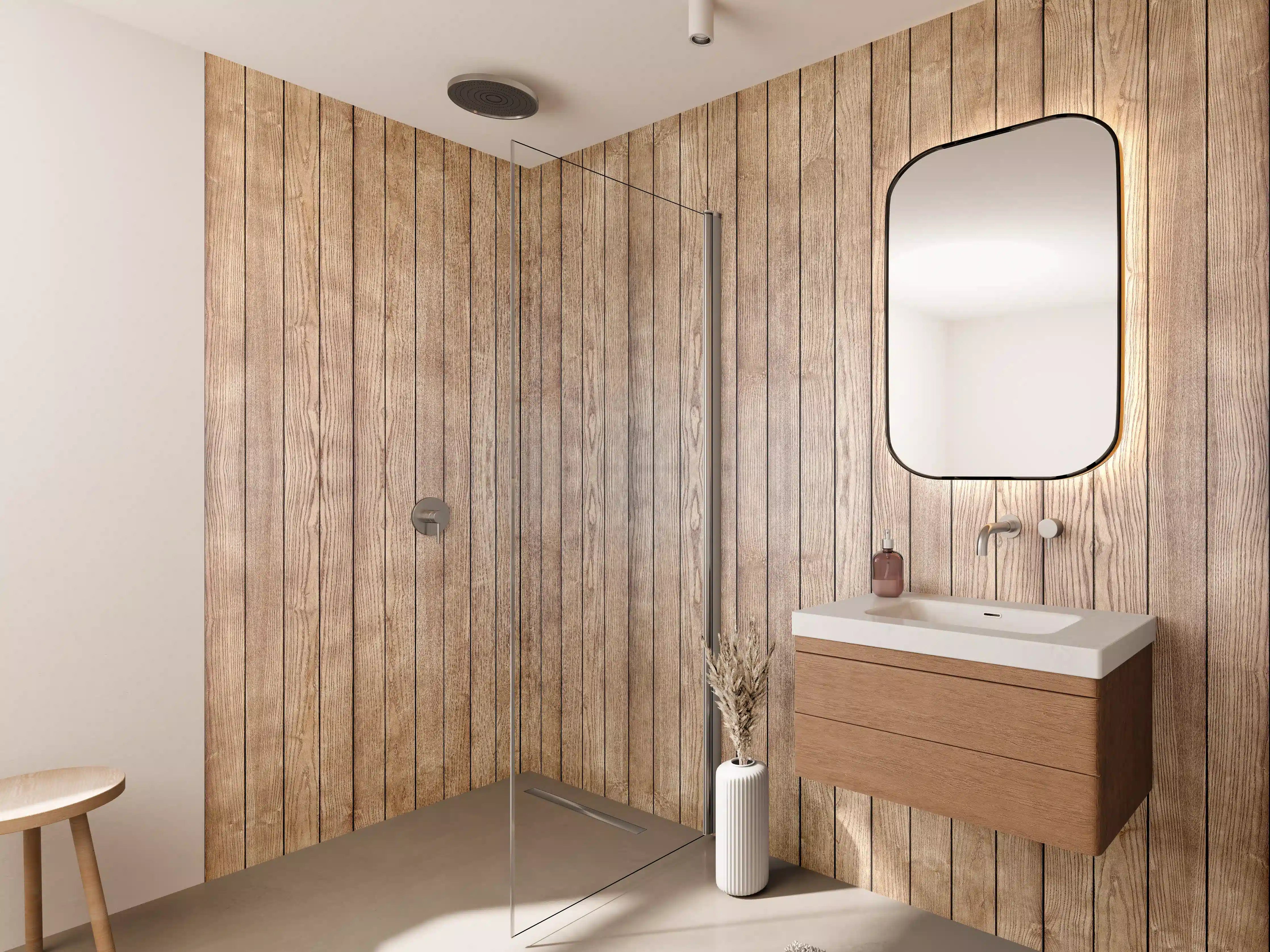 Wandverkleidung Bad - Graue Maserungswand mit Warmholz-Optik