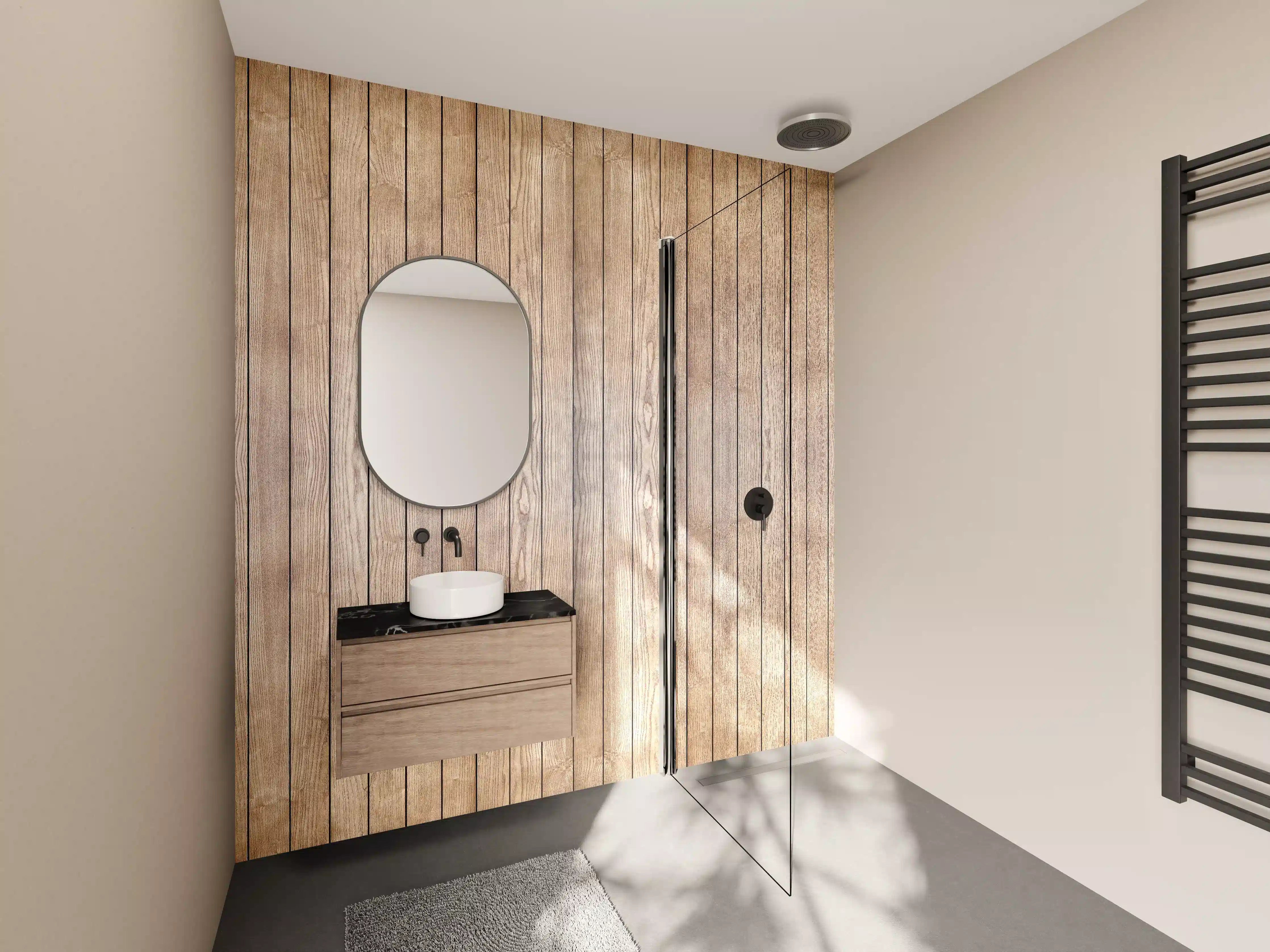 Wandverkleidung Bad - Graue Maserungswand mit Warmholz-Optik