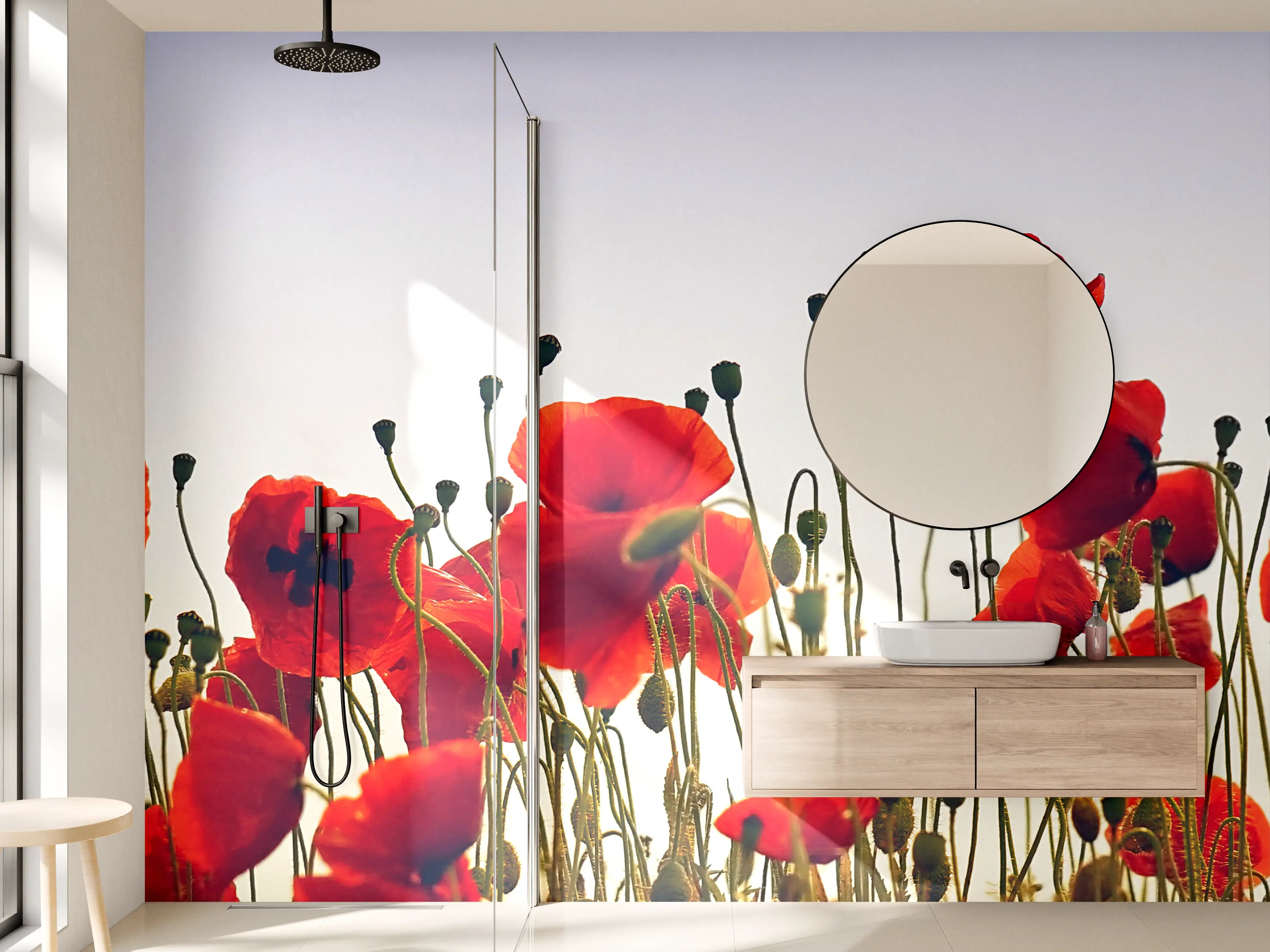 Wandverkleidung Bad - Graue Mohnblüten im Morgengrauen