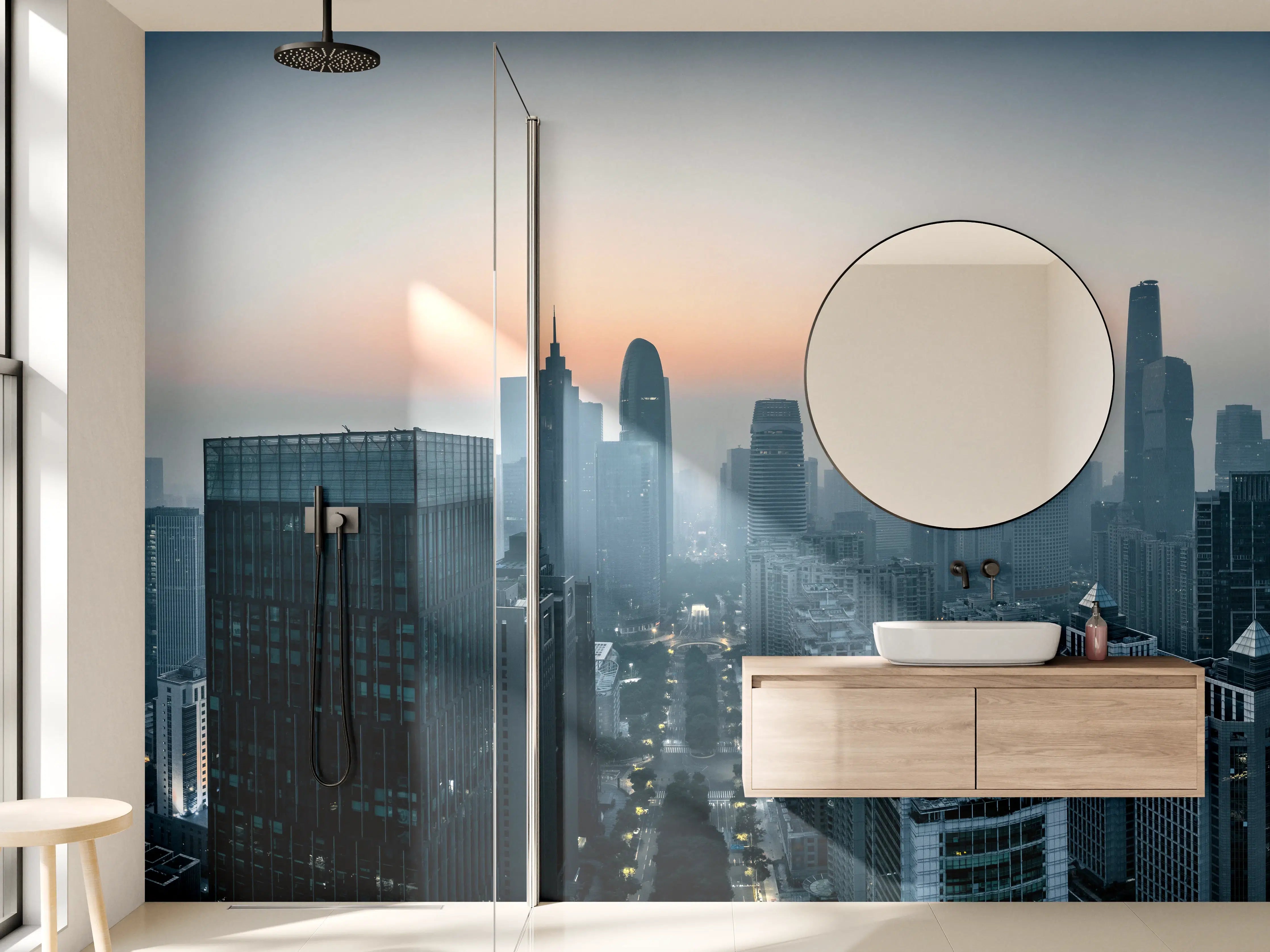 Wandverkleidung Bad - Graue Morgenstadt erwacht